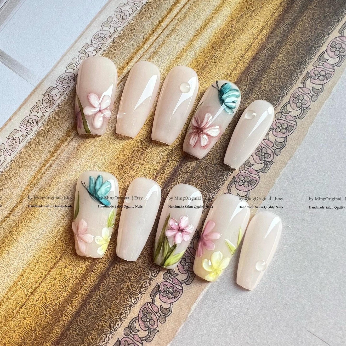 Whimsical Butterfly & 3D Flower Press On Nails, Garden Aesthetic Hand Painted Nail Art, Milky Floral Fake Nails, Textured Botanical, MO830
