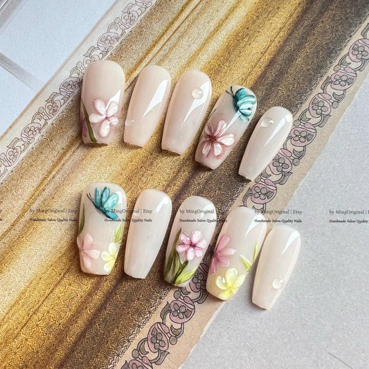 Whimsical Butterfly & 3D Flower Press On Nails, Garden Aesthetic Hand Painted Nail Art, Milky Floral Fake Nails, Textured Botanical, MO830