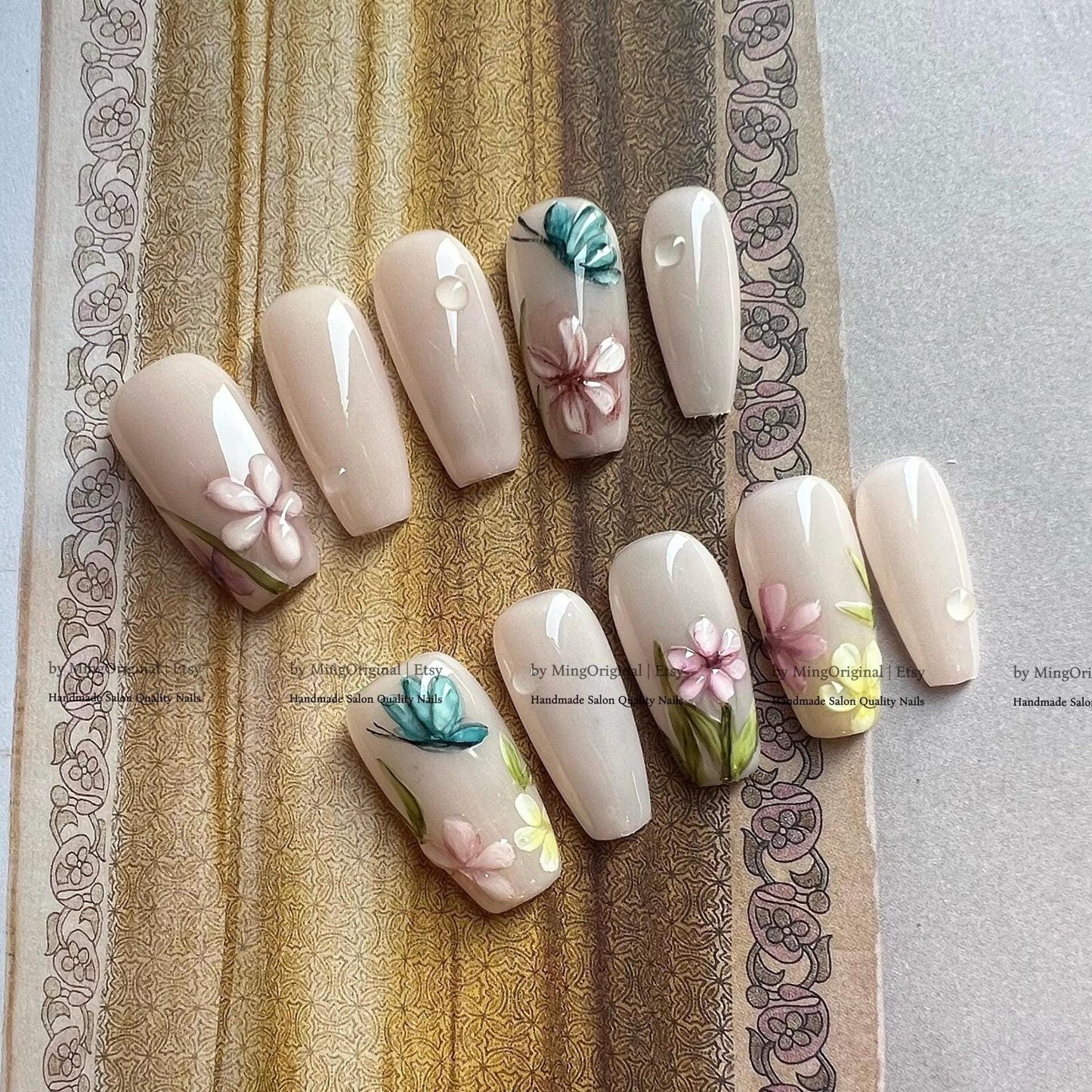 Whimsical Butterfly & 3D Flower Press On Nails, Garden Aesthetic Hand Painted Nail Art, Milky Floral Fake Nails, Textured Botanical, MO830