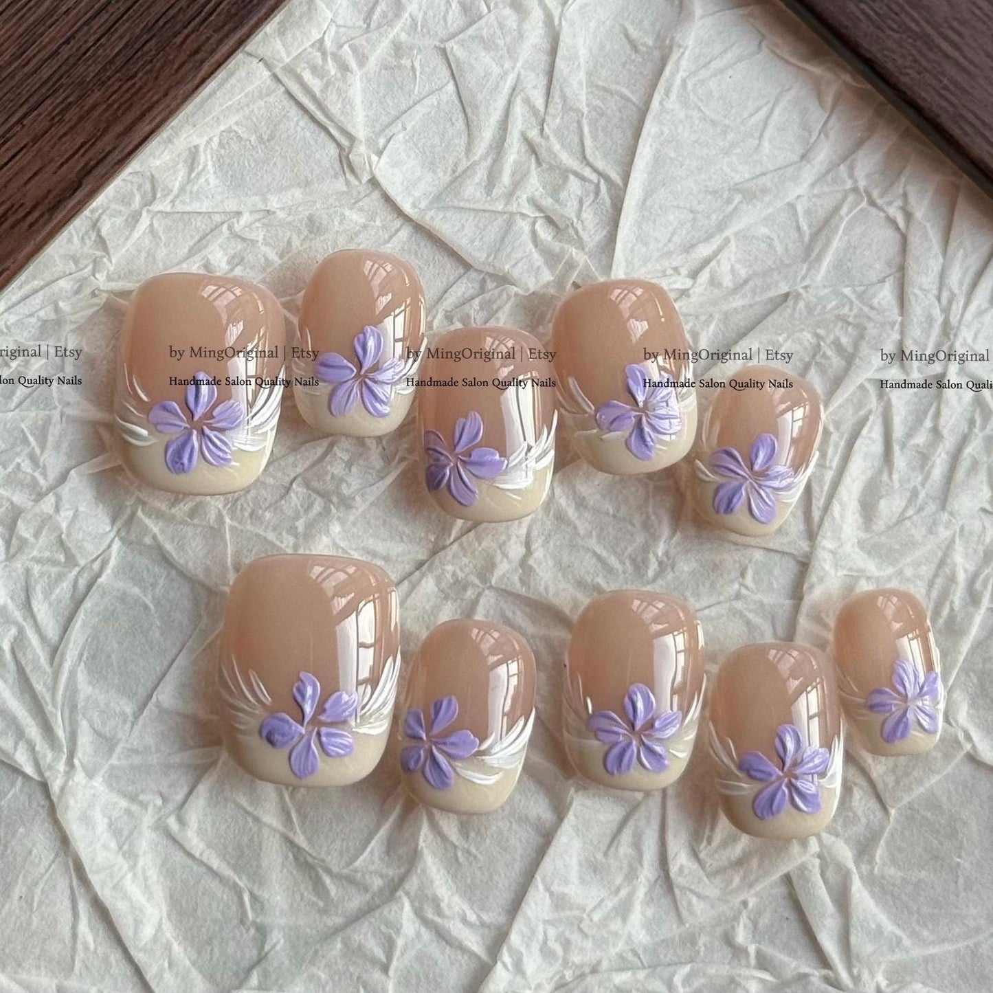 Blooming wild purple flower Press on Nails, handpainted oil painting style floral Nails, Handmade Gel Nails, bridal wedding nail,MO831