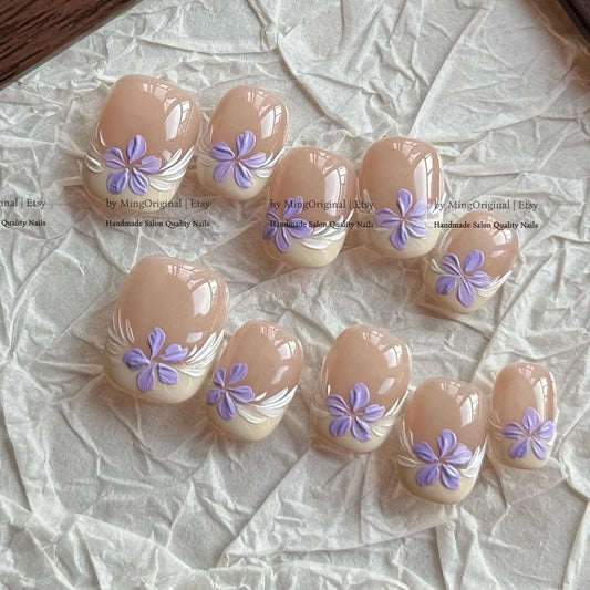 Blooming wild purple flower Press on Nails, handpainted oil painting style floral Nails, Handmade Gel Nails, bridal wedding nail,MO831