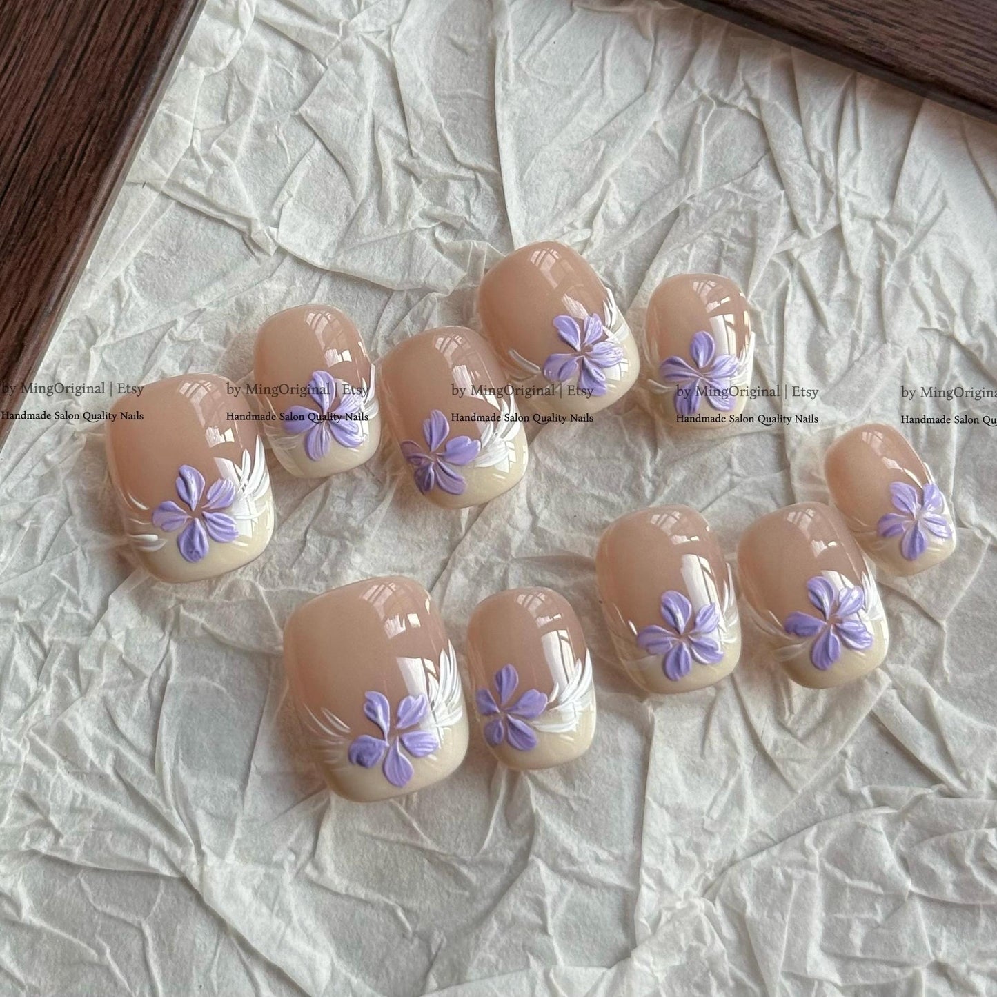 Blooming wild purple flower Press on Nails, handpainted oil painting style floral Nails, Handmade Gel Nails, bridal wedding nail,MO831
