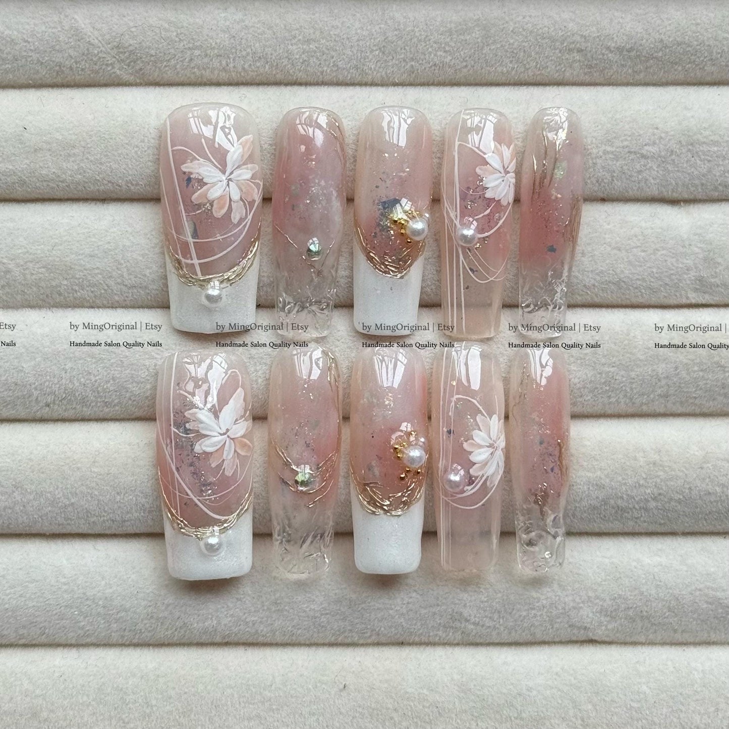 Romantic Fairy Press-On Nails, Handmade Nail Art with Pearls, Crystals Dreamy Details, gold foil accents ethereal design, MO832