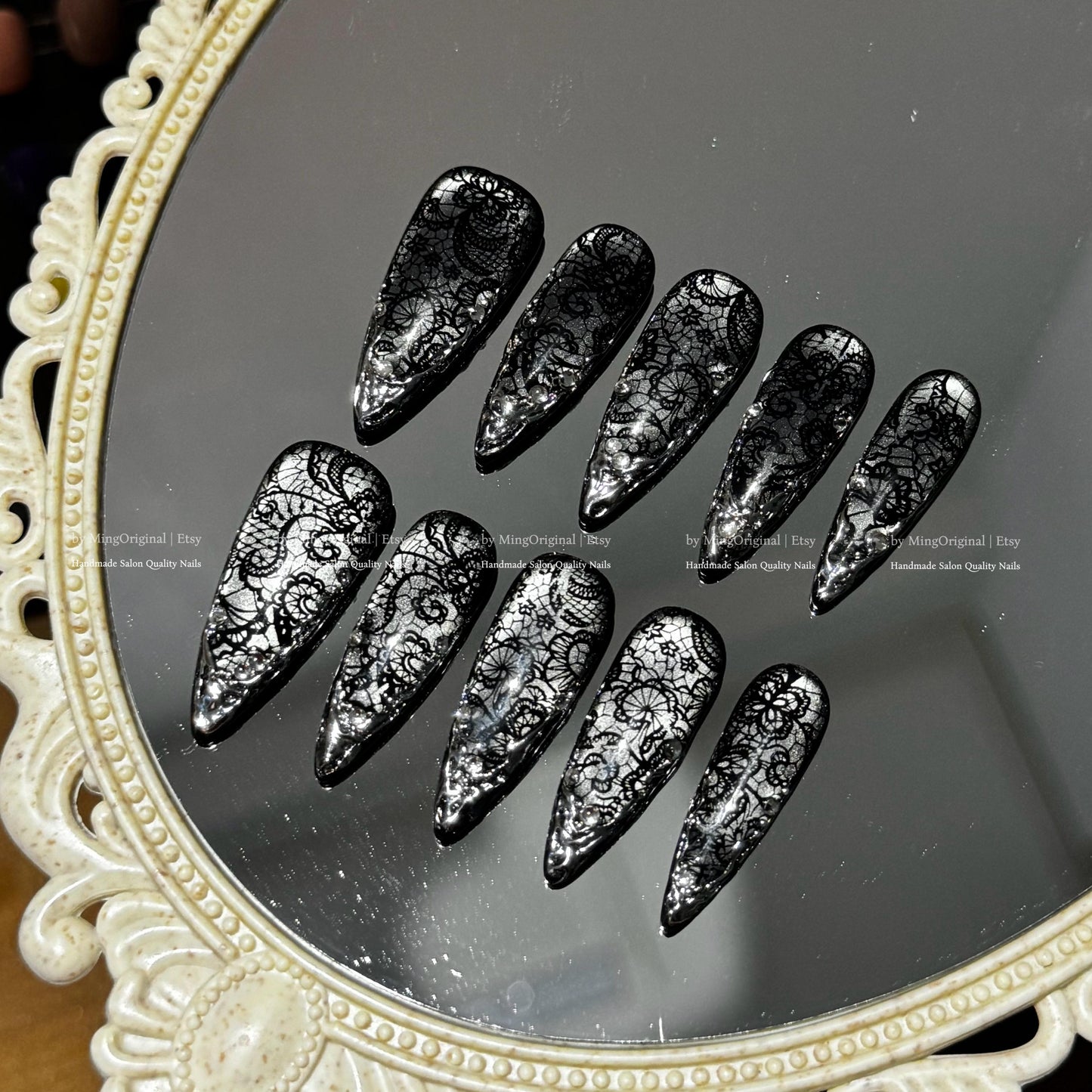 Black lace flower french tip press on nail, silver chrome and cat eye wedding nail, reusable nail, MO797