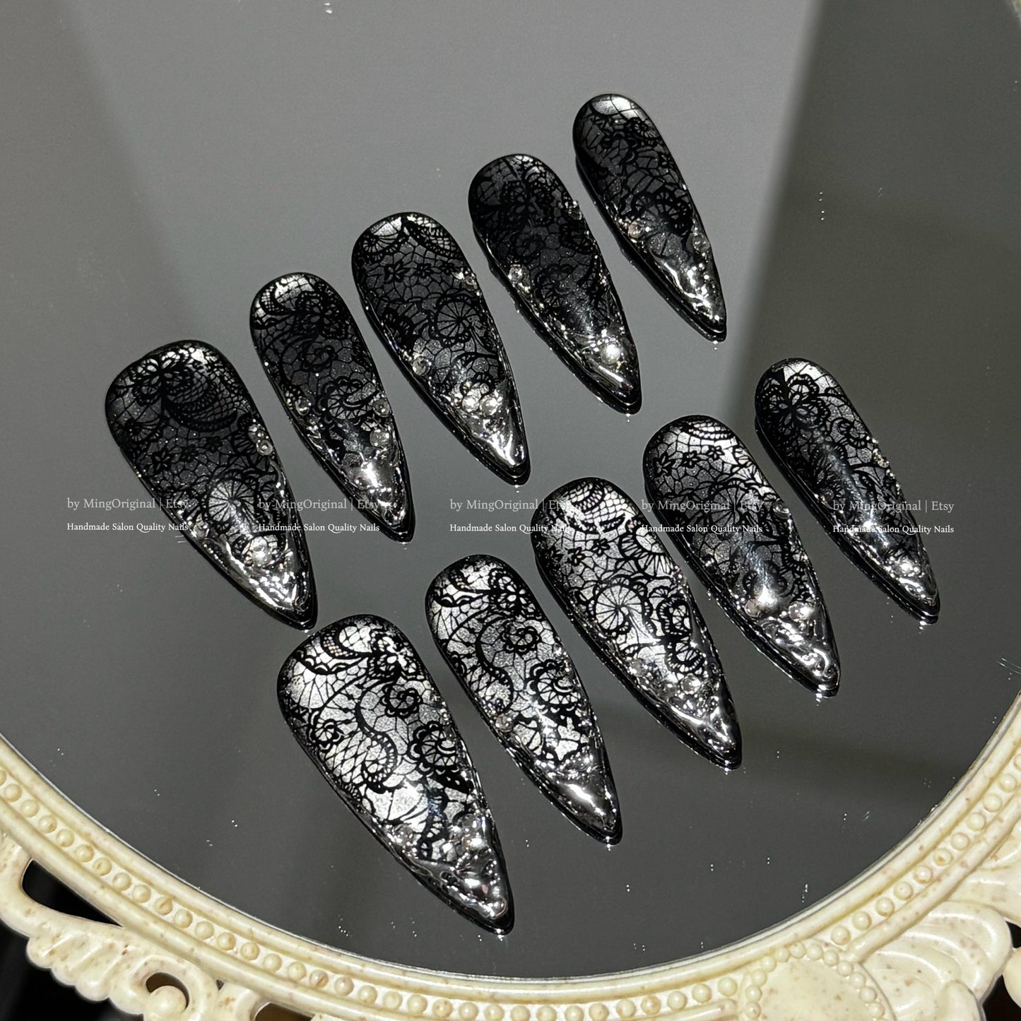 Black lace flower french tip press on nail, silver chrome and cat eye wedding nail, reusable nail, MO797