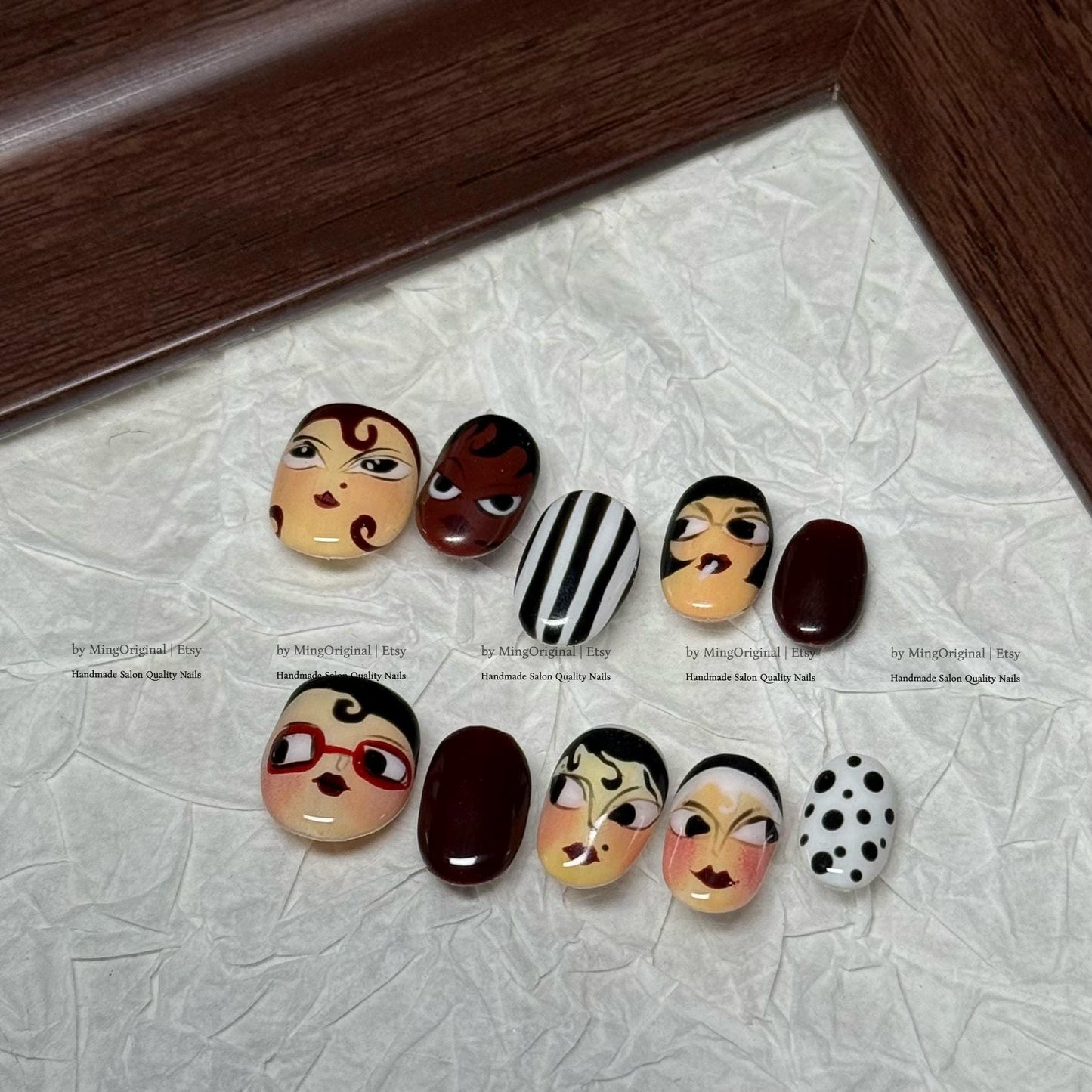 Hand Painted Character Portrait Press On Nails, Avant-Garde Face Art Fake Nails, Retro Pop Art Gel Nails, Unique Artistic Short Nails, MO833
