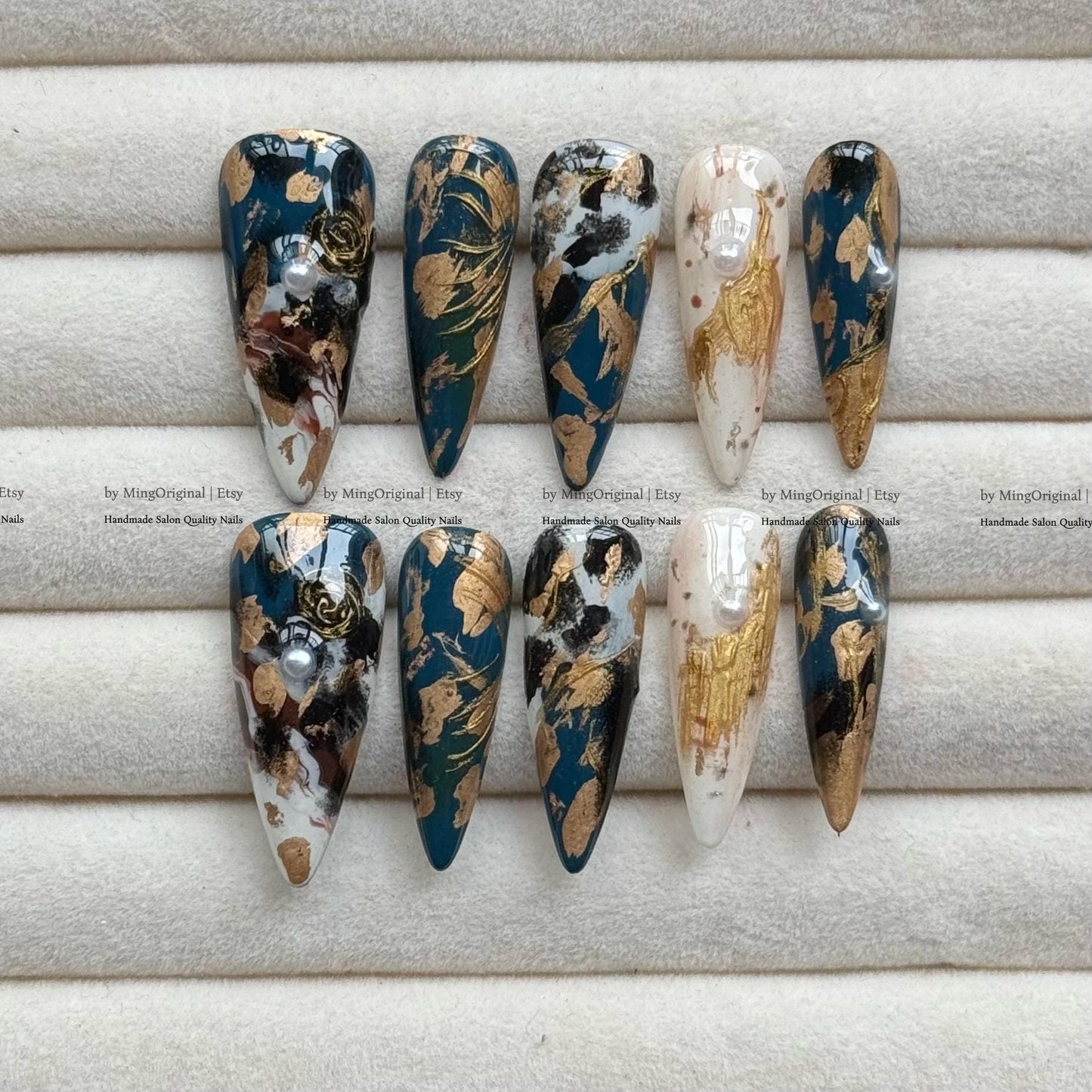 Handmade Luxury Gold Foil Press On Nails, Dark Blue Marble Artistic Fake Nails, Pearl Detailed Abstract Oil Painting Nails, MO834