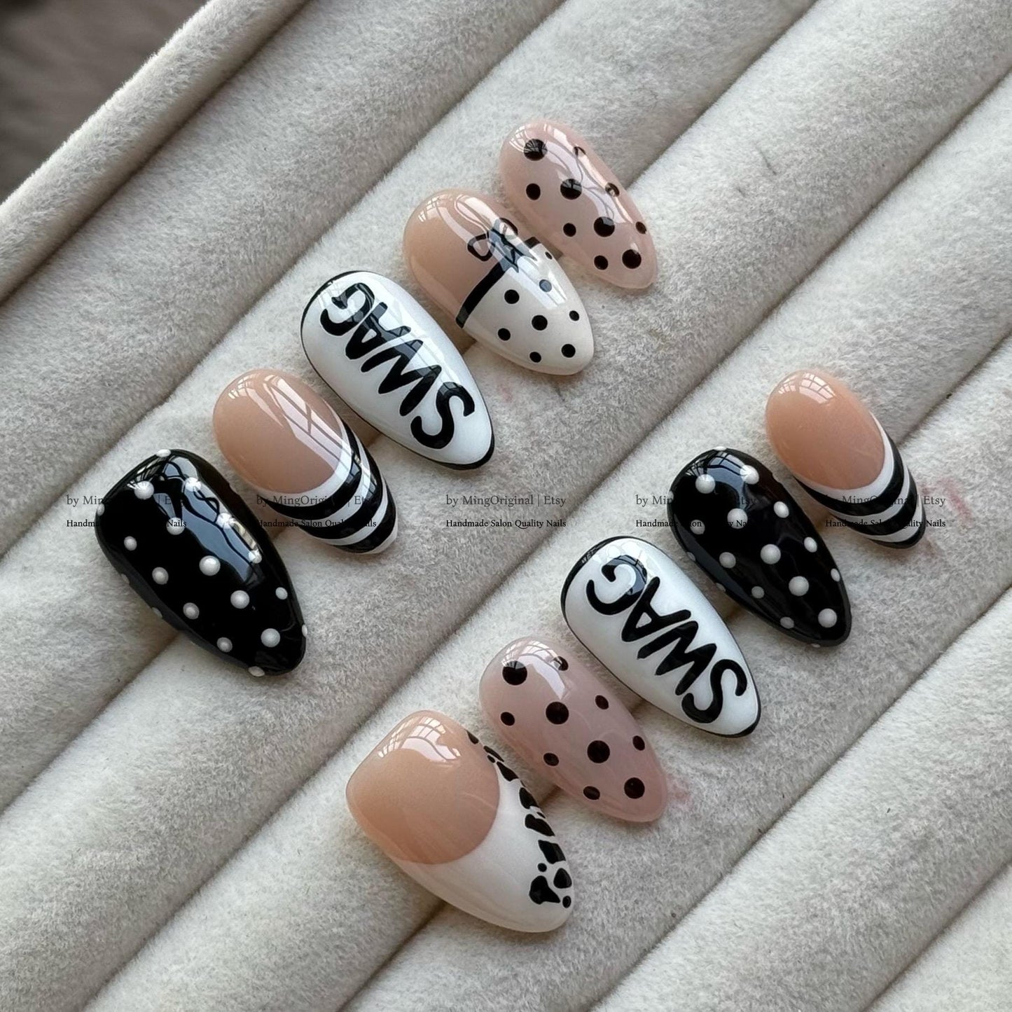 Y2K Retro SWAG Nails, Black White Polka Dot, Stripe, & French Tip Almond Press-On Nail Set, Animal print, MO798