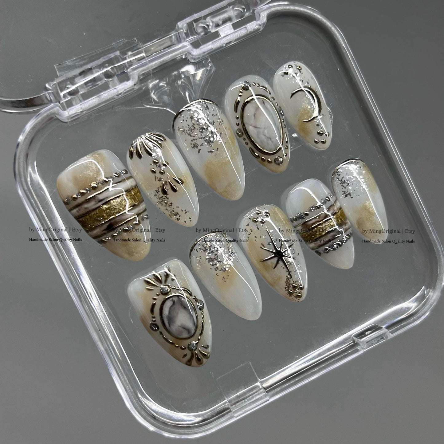 Celestial Moon Star Press On Nails, Silver Marble Fake Nails, Mystic Galaxy Boho Gel Nails, MO836