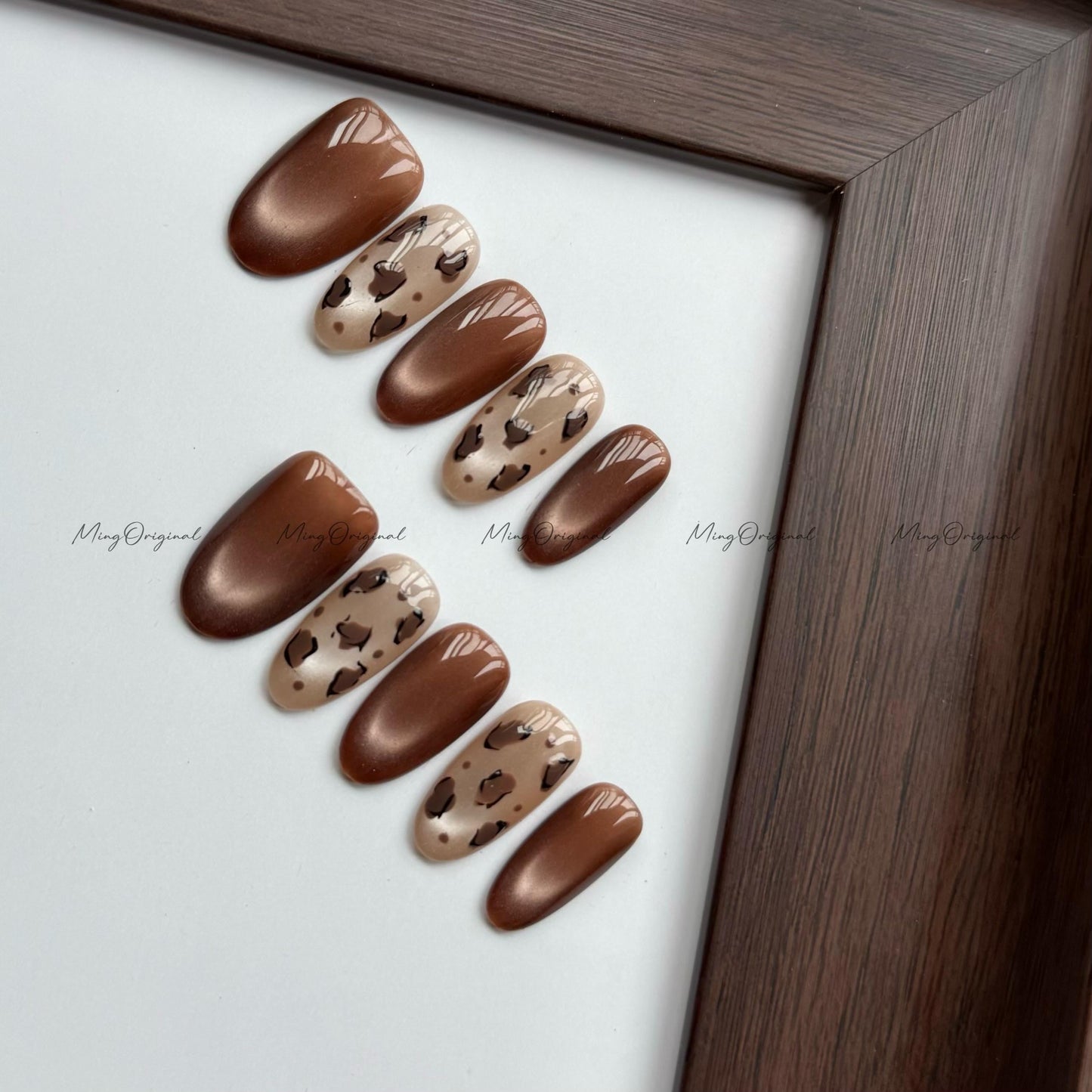 Minimalist Mocha Latte press on nails, chocolate brown leopard prints on cat eye nail, elegant nail, glue on nail,MO800