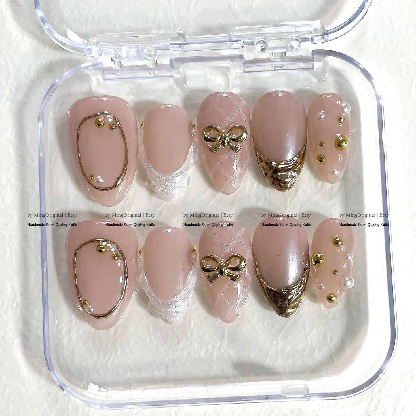 Gold french tip natural press on nail, Gold line and bow, Glittery Girly Fake nails, Handmade milky jelly nail, gift for her, MO801