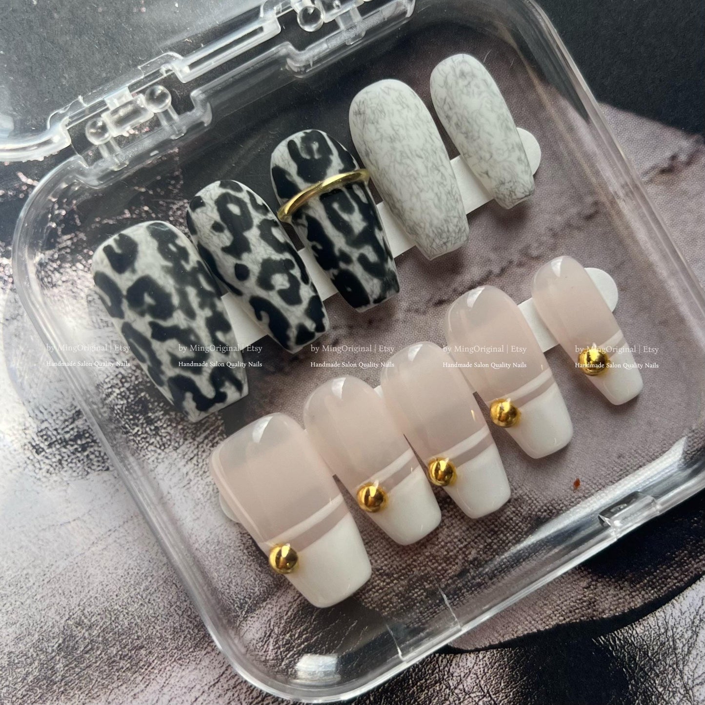 Boho Luxe Press on Nails, Black and white leopard print, bold statement nail, Modern French Tip Nude and Gold Accent MO802