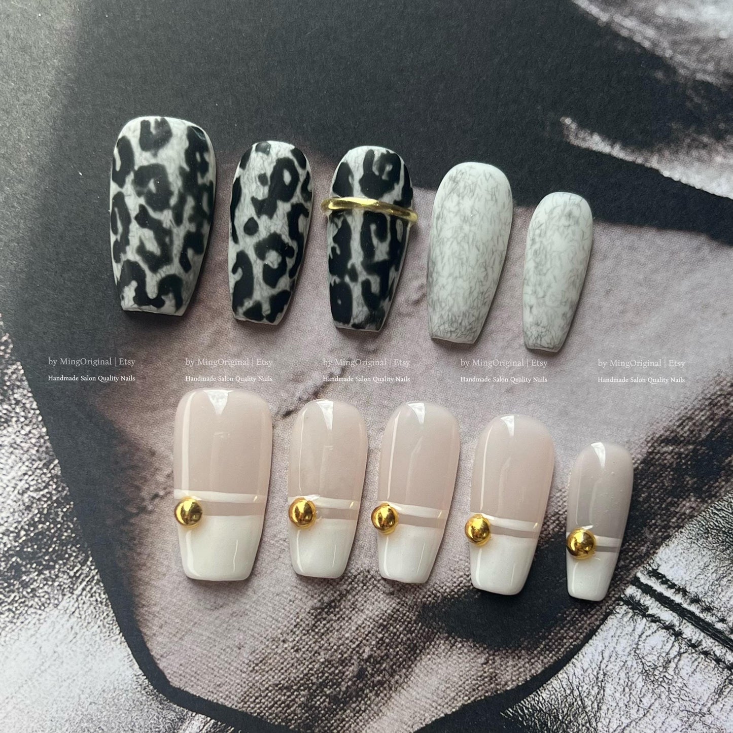 Boho Luxe Press on Nails, Black and white leopard print, bold statement nail, Modern French Tip Nude and Gold Accent MO802