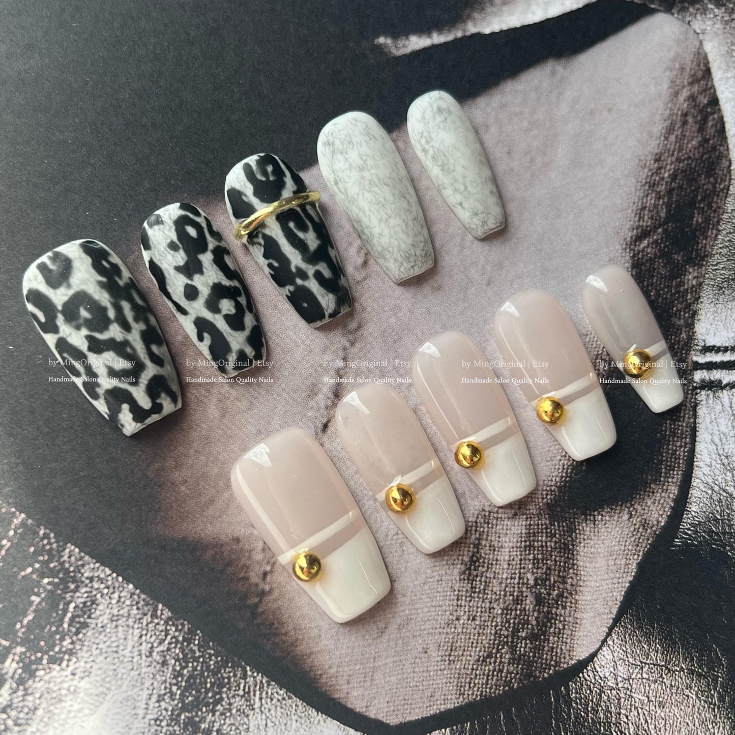 Boho Luxe Press on Nails, Black and white leopard print, bold statement nail, Modern French Tip Nude and Gold Accent MO802