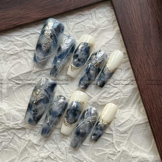 Midnight Blue Marble Nails with Gold Rose, Silver Chrome Detail Fake Nails, Elegant Ink Wash Art Press Ons, MO837