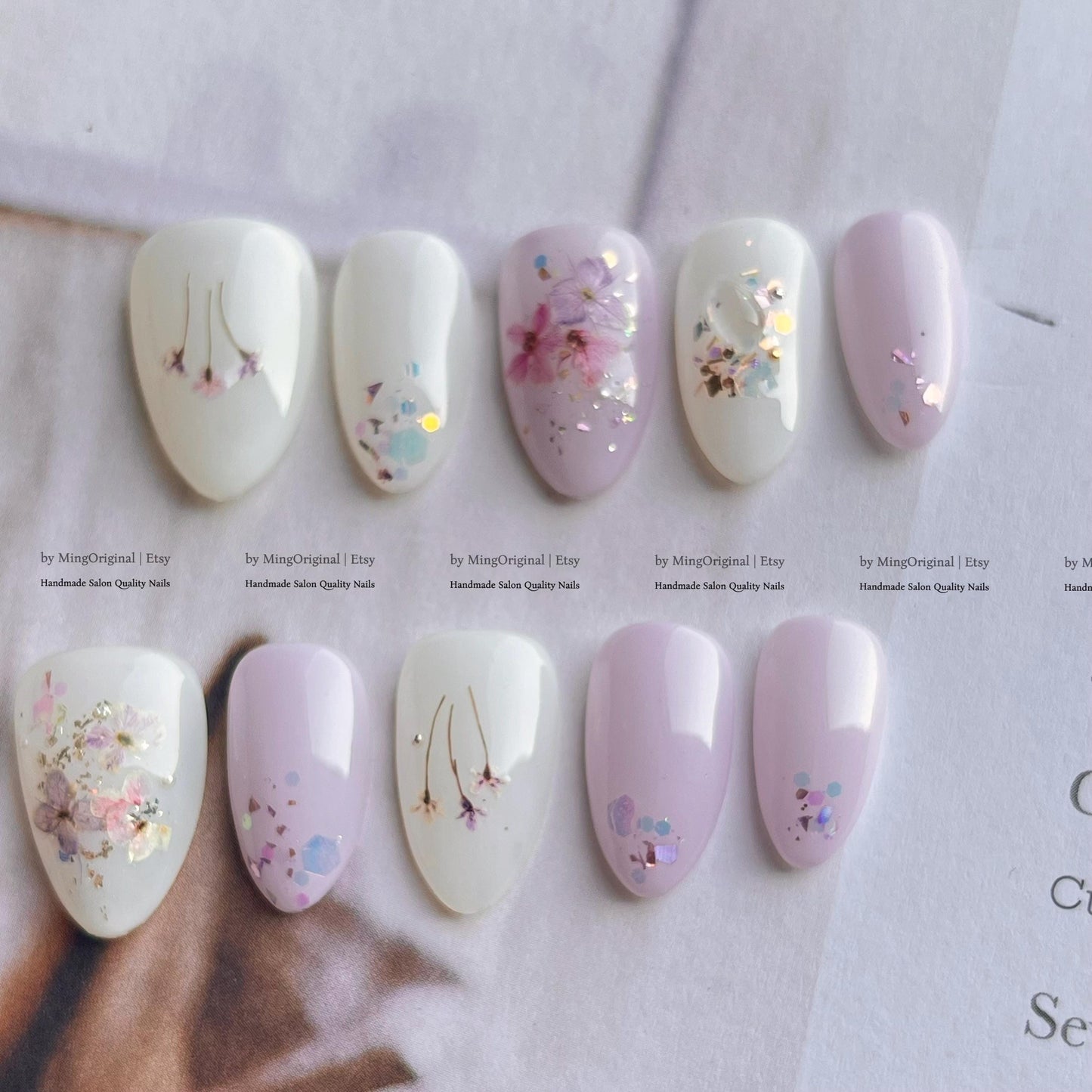Lavender Pressed Flower Press on Nails, Milk White Floral Nails with Real Dried Flowers, Romantic Spring Fake Nails,MO838