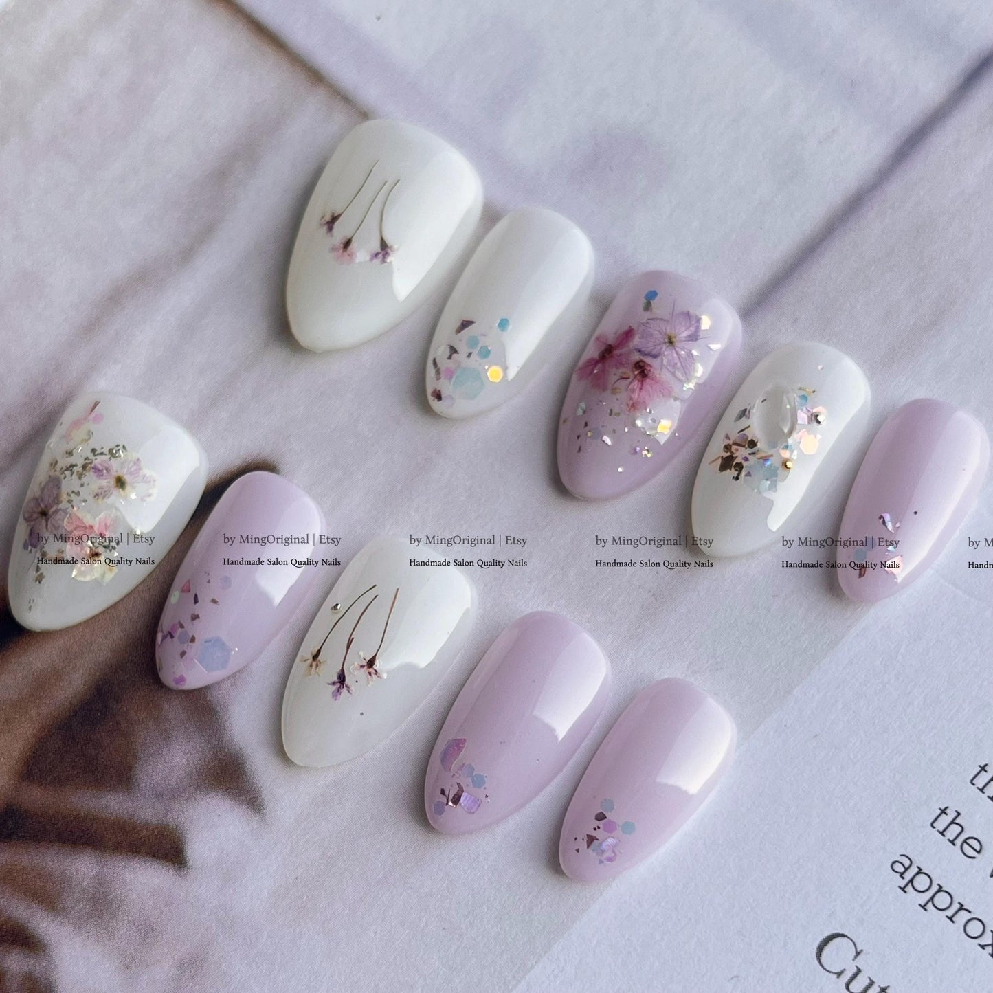 Lavender Pressed Flower Press on Nails, Milk White Floral Nails with Real Dried Flowers, Romantic Spring Fake Nails,MO838
