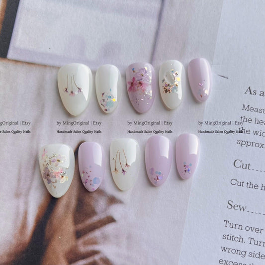 Lavender Pressed Flower Press on Nails, Milk White Floral Nails with Real Dried Flowers, Romantic Spring Fake Nails,MO838