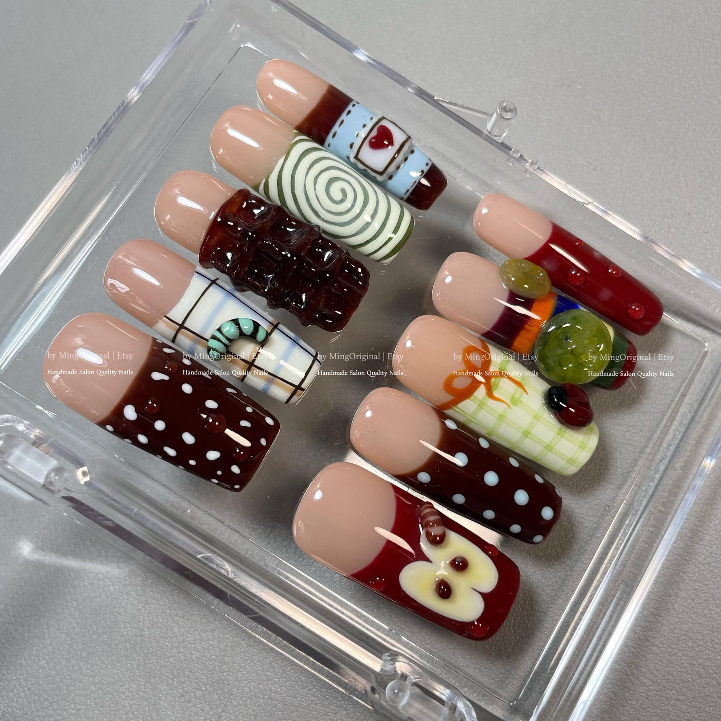 Apple Twee Plaid Picnic Fruit Lover press on nails,Fresh Look Gingham Accent, Kawaii 3D Food Art, Novelty Cute Dessert Nails, MO803