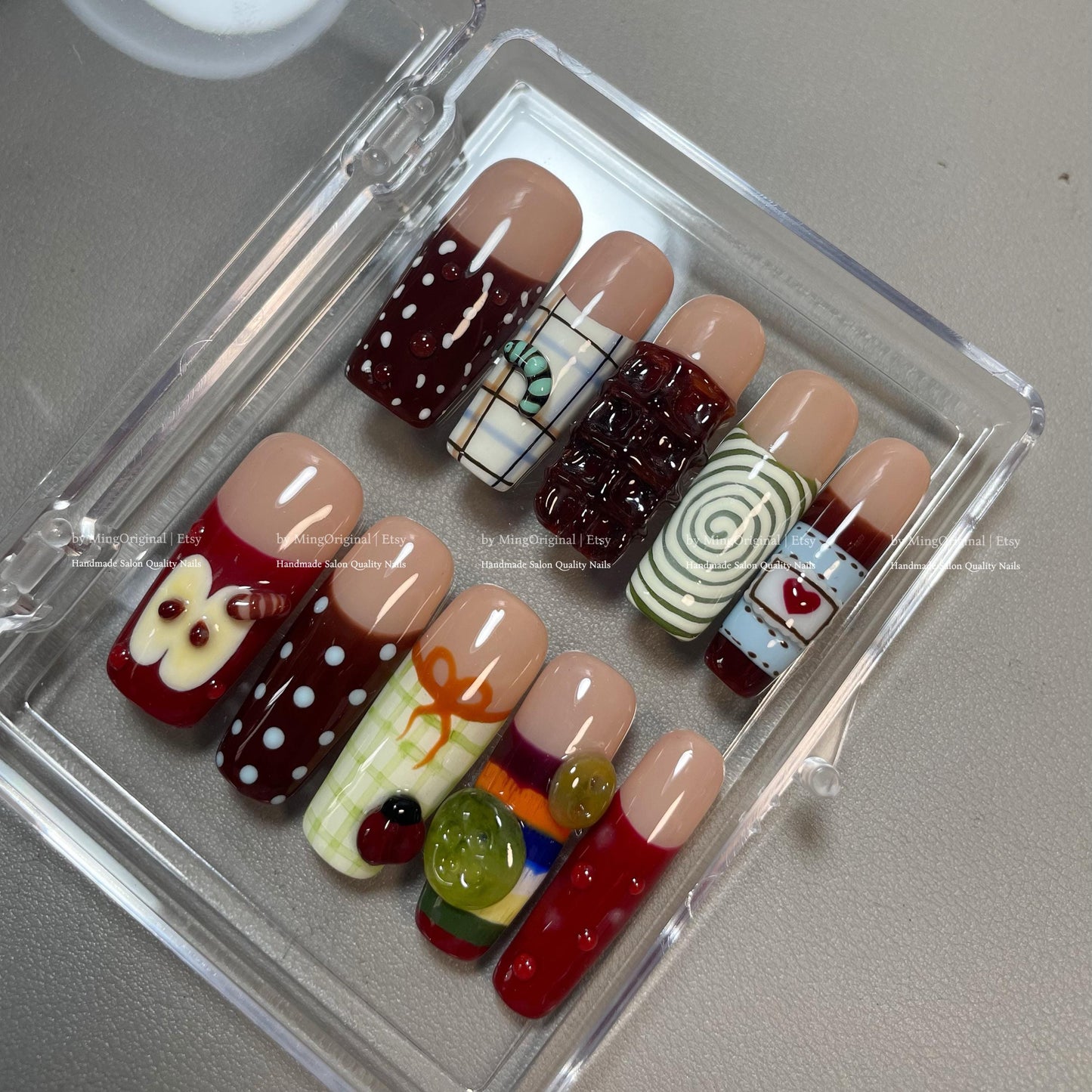 Apple Twee Plaid Picnic Fruit Lover press on nails,Fresh Look Gingham Accent, Kawaii 3D Food Art, Novelty Cute Dessert Nails, MO803
