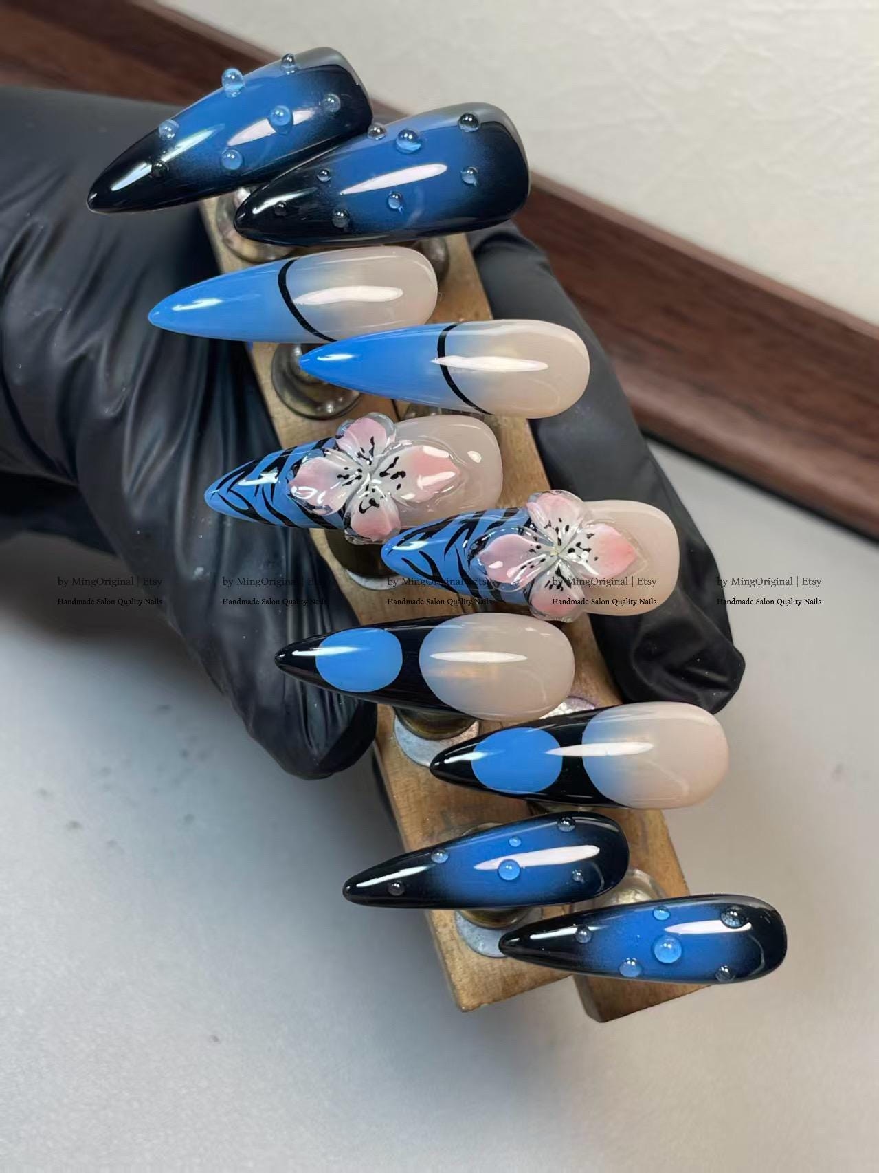Blue Ombre Press On Nails, 3D Cherry Blossom Floral Art, Water Droplet Long Stiletto Fake Nails, Leopard Print Design, MO804