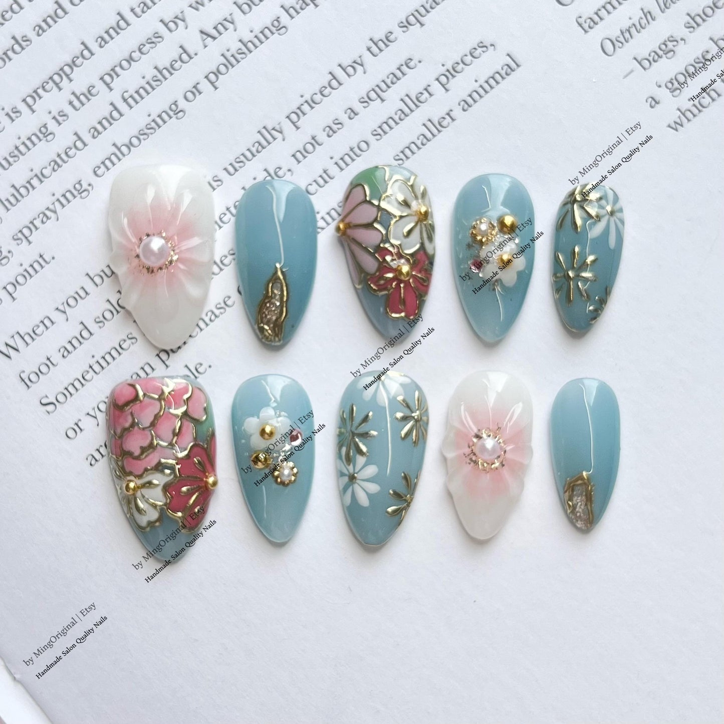 Japanese Style Floral Press on Nails, Dusty Blue 3D Flower Nails with Gold Accents, Ornate Botanical Almond Nails, MO839