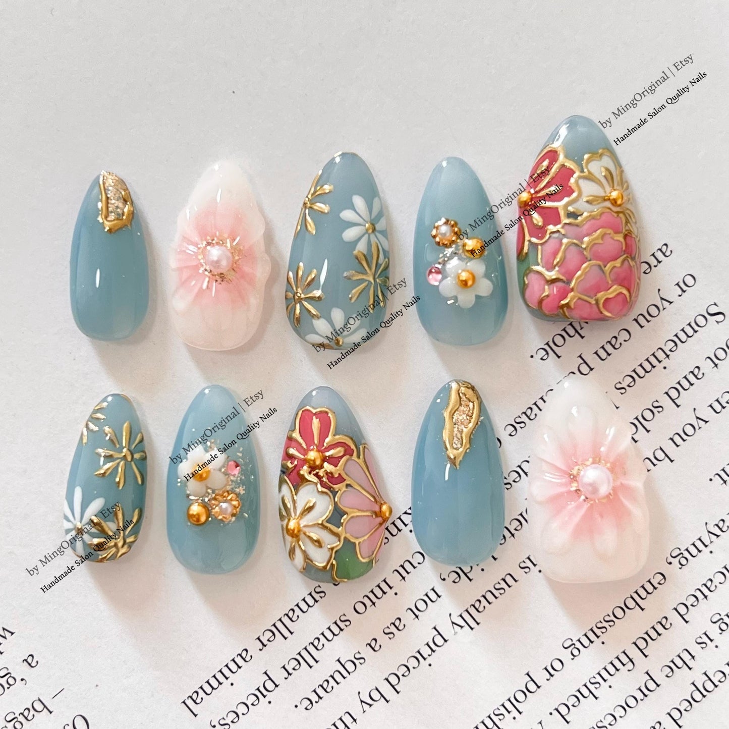 Japanese Style Floral Press on Nails, Dusty Blue 3D Flower Nails with Gold Accents, Ornate Botanical Almond Nails, MO839