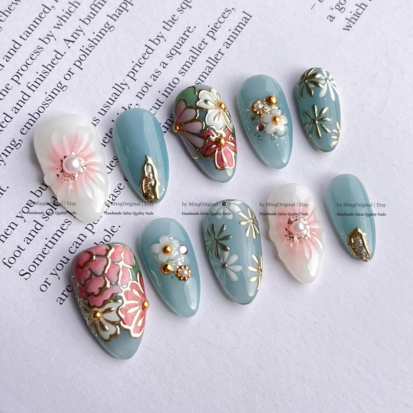 Japanese Style Floral Press on Nails, Dusty Blue 3D Flower Nails with Gold Accents, Ornate Botanical Almond Nails, MO839