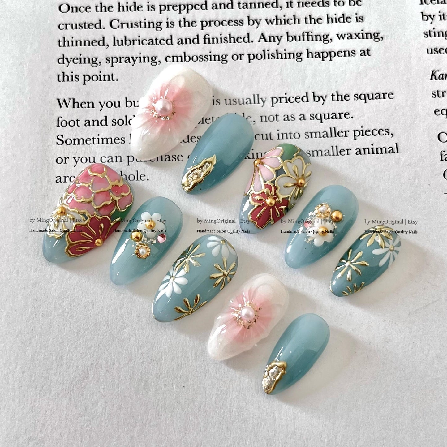 Japanese Style Floral Press on Nails, Dusty Blue 3D Flower Nails with Gold Accents, Ornate Botanical Almond Nails, MO839