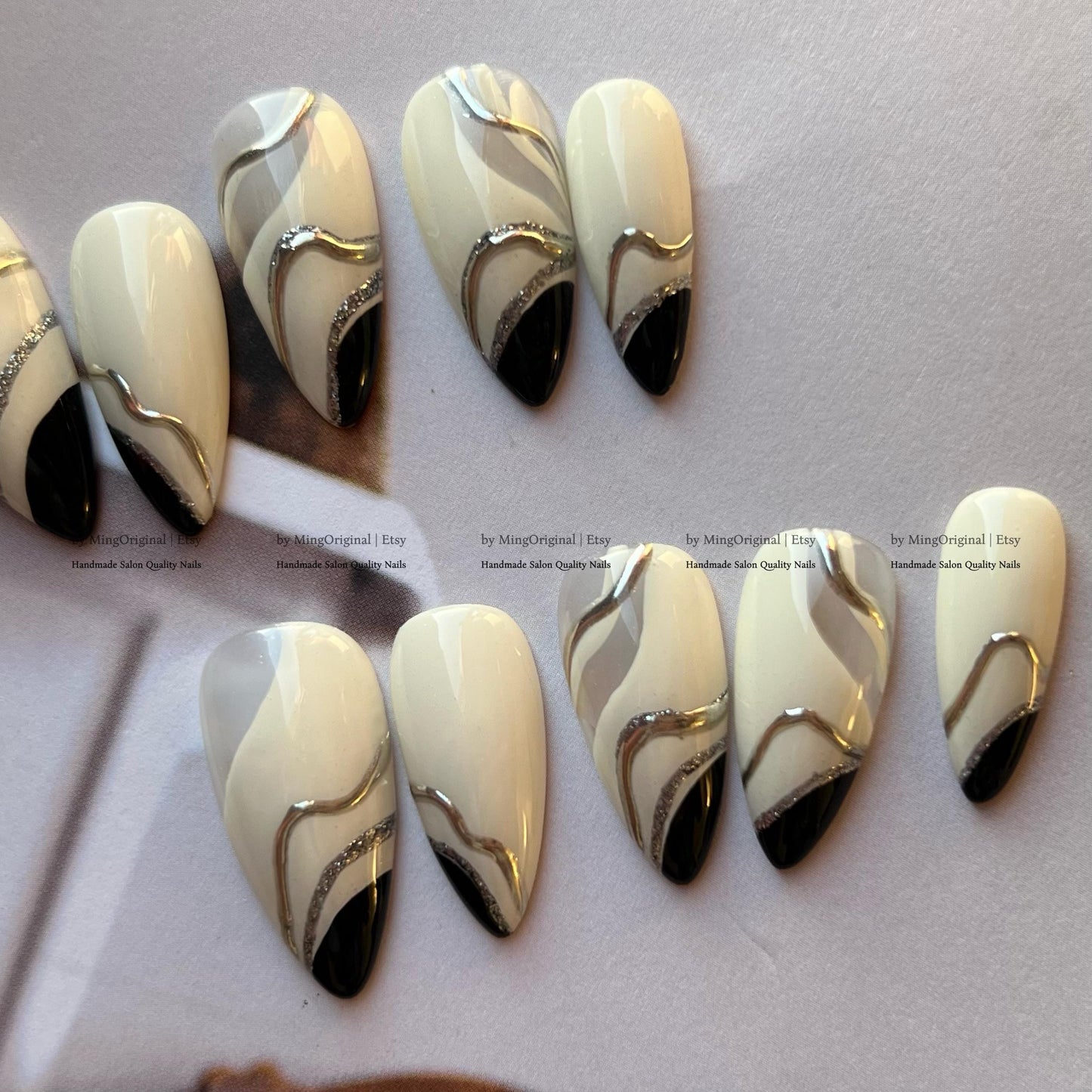 Cream White Abstract Swirl Press On Nails, Silver Chrome Black Minimalist Fake Nails, MO805