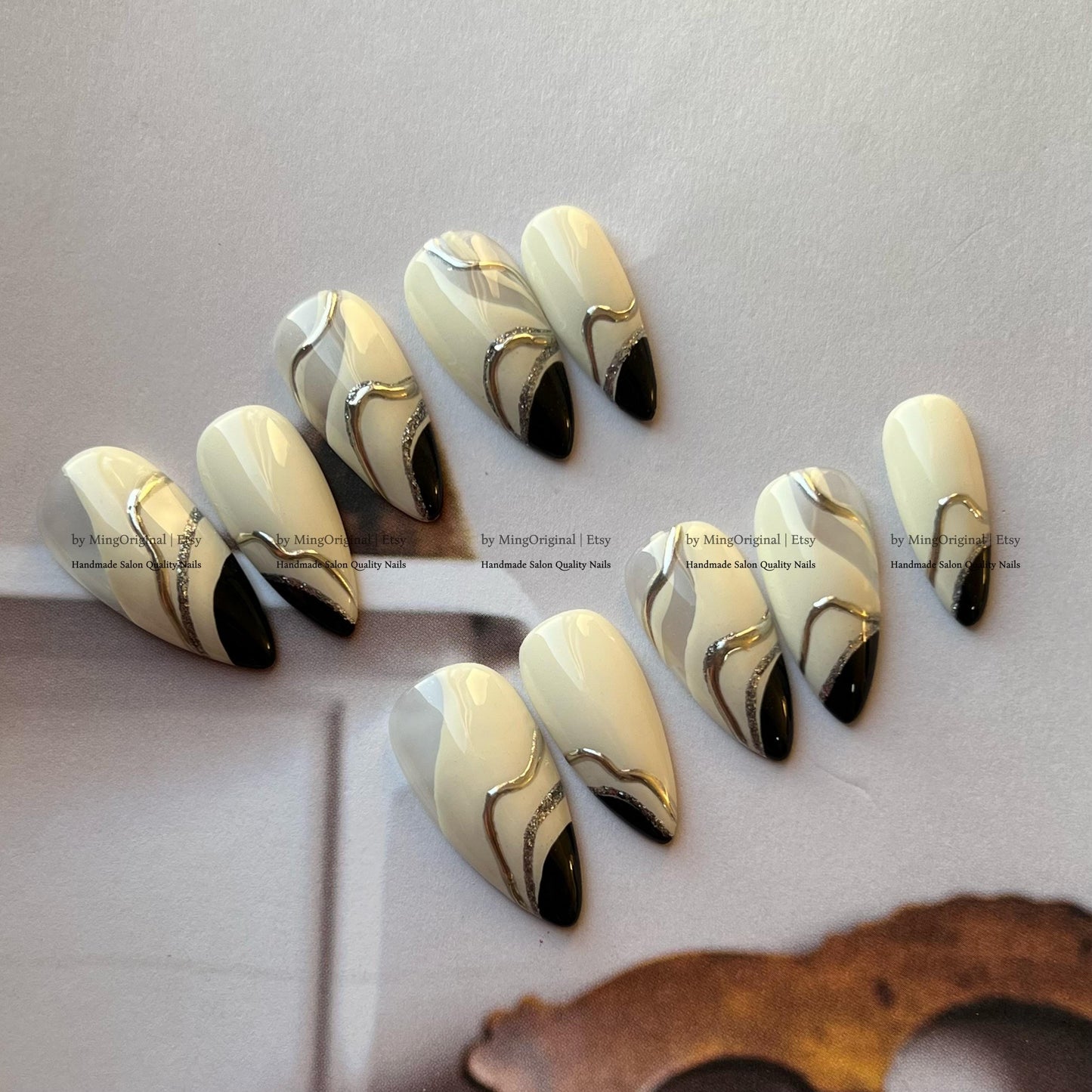 Cream White Abstract Swirl Press On Nails, Silver Chrome Black Minimalist Fake Nails, MO805