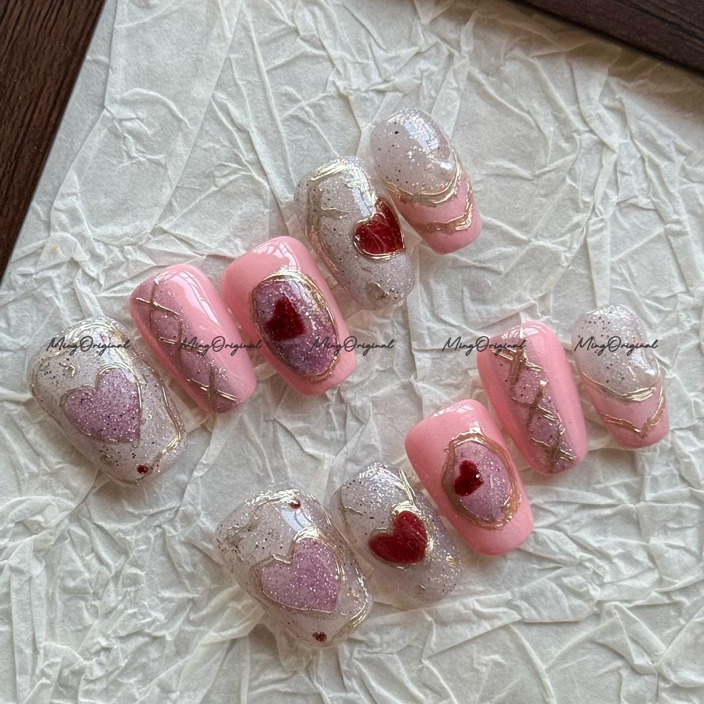 Coquette Pink Heart Press On Nails, Romantic Valentine's Day 3D Gold Ribbon Nails, Sparkly Glitter Luxury Fake Nails, MO806