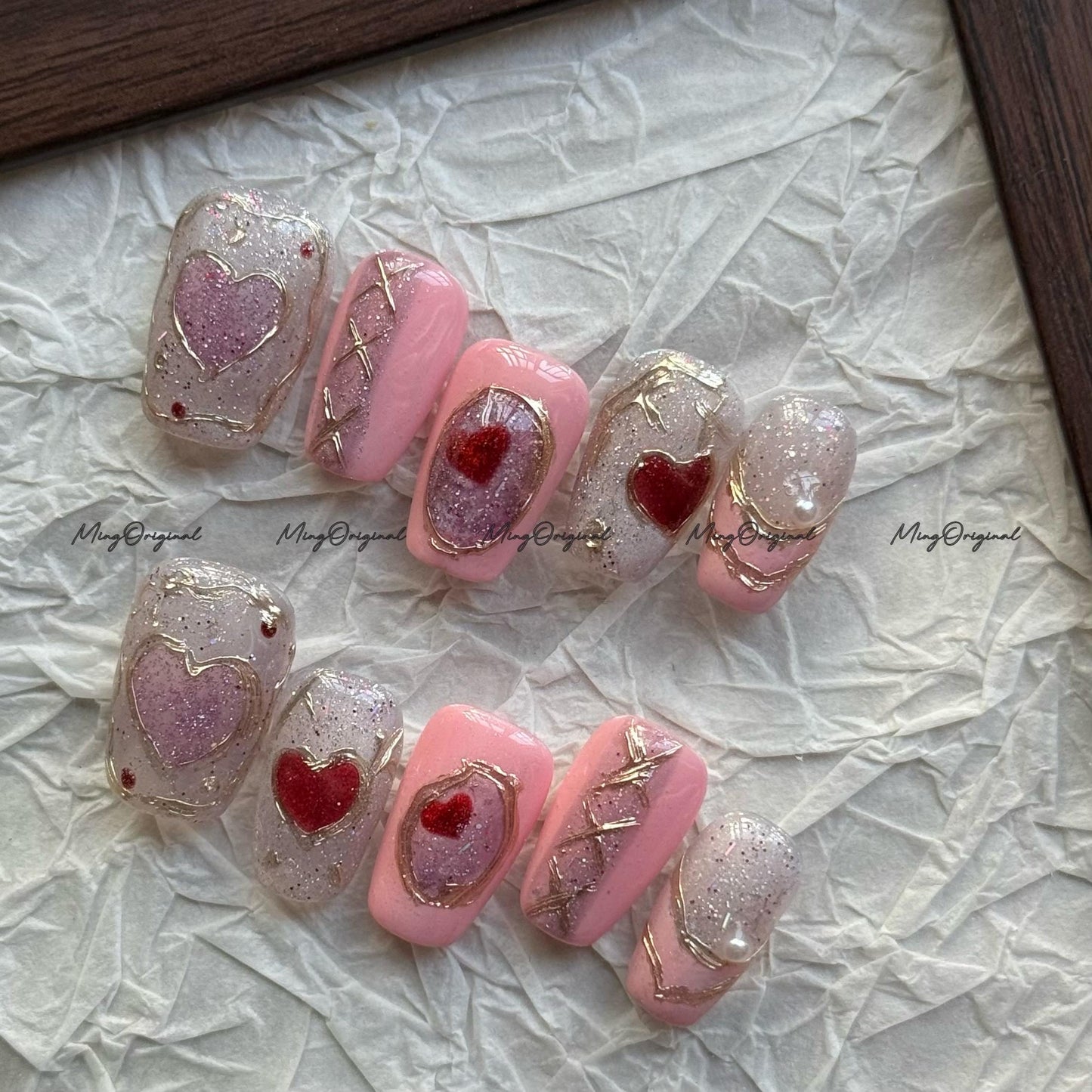 Coquette Pink Heart Press On Nails, Romantic Valentine's Day 3D Gold Ribbon Nails, Sparkly Glitter Luxury Fake Nails, MO806