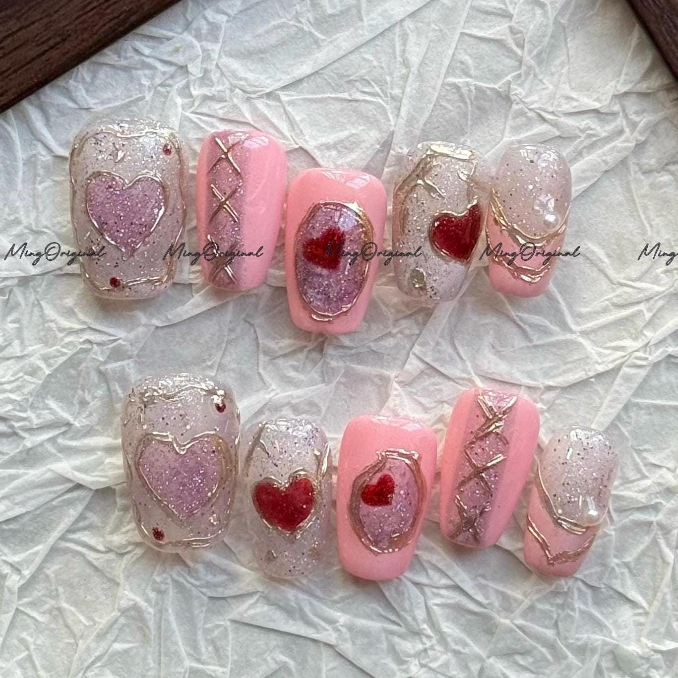 Coquette Pink Heart Press On Nails, Romantic Valentine's Day 3D Gold Ribbon Nails, Sparkly Glitter Luxury Fake Nails, MO806