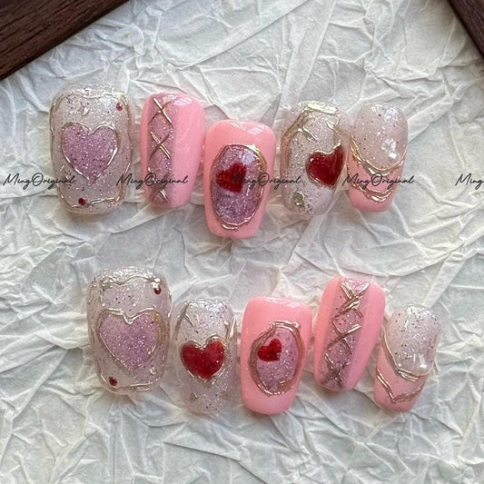 Coquette Pink Heart Press On Nails, Romantic Valentine's Day 3D Gold Ribbon Nails, Sparkly Glitter Luxury Fake Nails, MO806