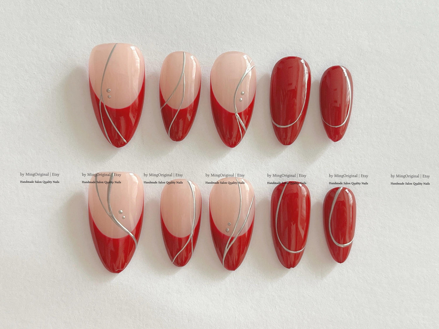 Handmade Red and Pink French Press On Nails, Silver Chrome Swirl Line Reusable Fake Nails, Minimalist Almond Nails, Y2K Nails, MO841