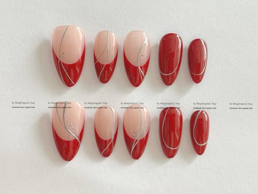 Handmade Red and Pink French Press On Nails, Silver Chrome Swirl Line Reusable Fake Nails, Minimalist Almond Nails, Y2K Nails, MO841