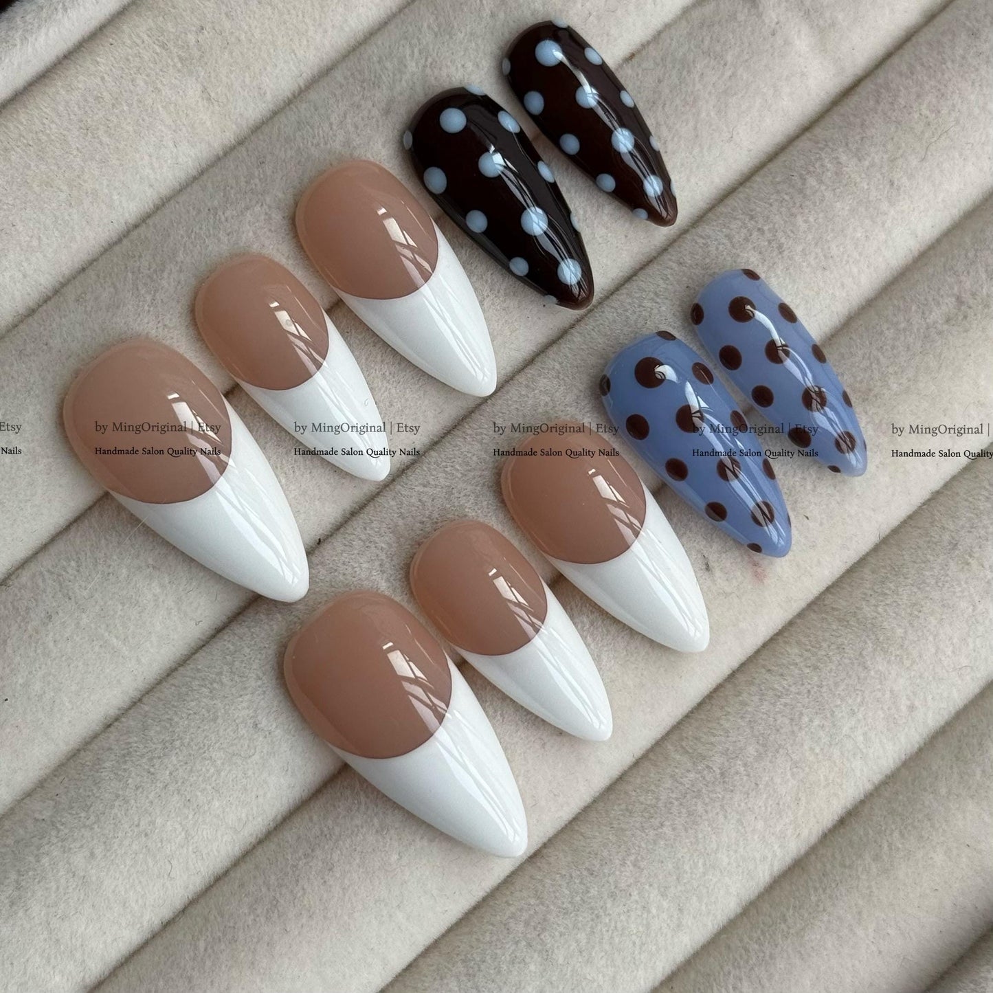 Handmade Polka Dot Press On Nails, French Tip False Nails, Blue Contrast Nails, Reusable Glue On Nails, Retro Dotted Manicure, MO842