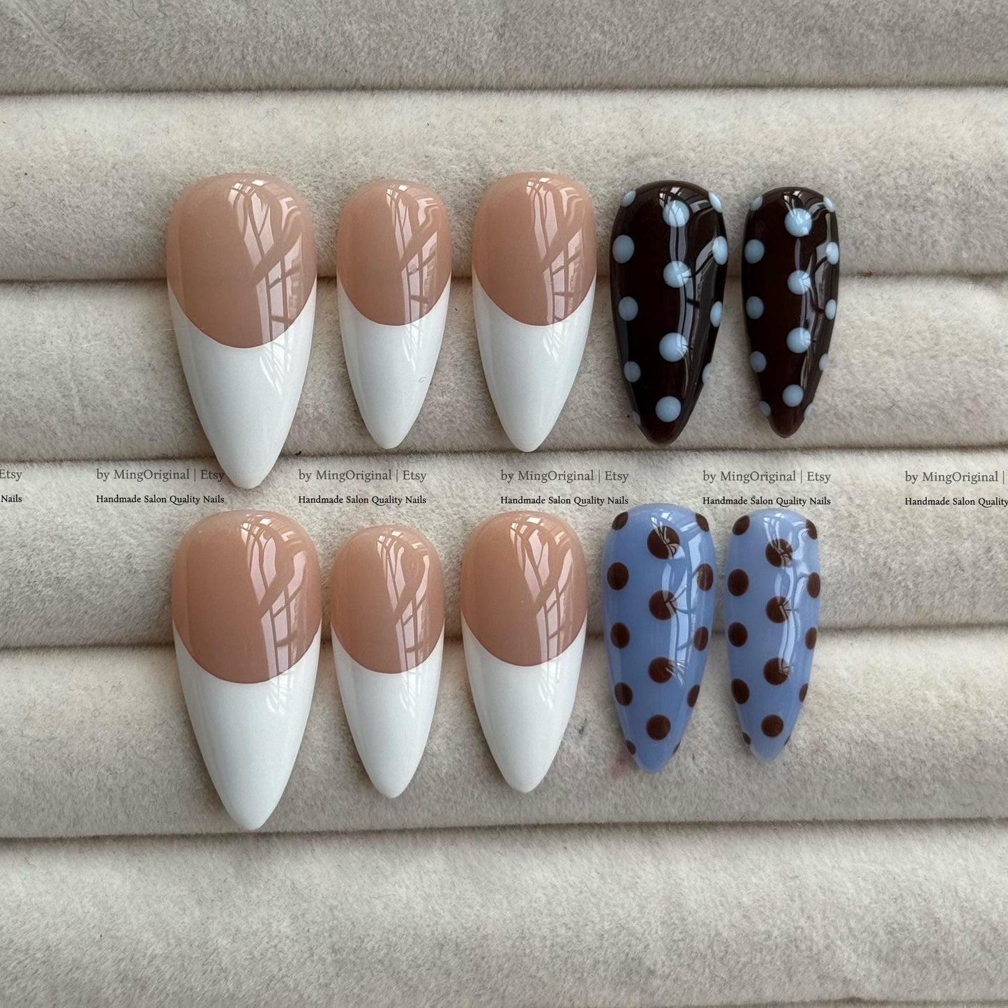 Handmade Polka Dot Press On Nails, French Tip False Nails, Blue Contrast Nails, Reusable Glue On Nails, Retro Dotted Manicure, MO842