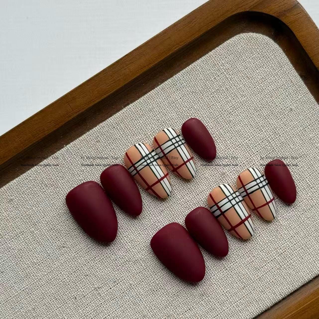Matte Burgundy Plaid Press On Nails, Classic Tartan British Style Fake Nails, Old Money Aesthetic Autumn Winter Nails,MO807