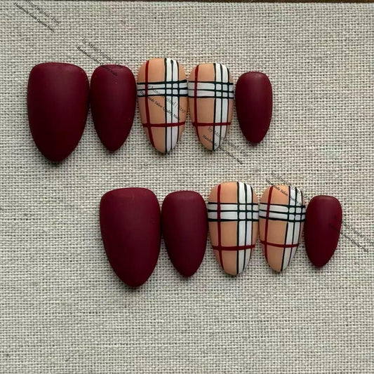 Matte Burgundy Plaid Press On Nails, Classic Tartan British Style Fake Nails, Old Money Aesthetic Autumn Winter Nails,MO807