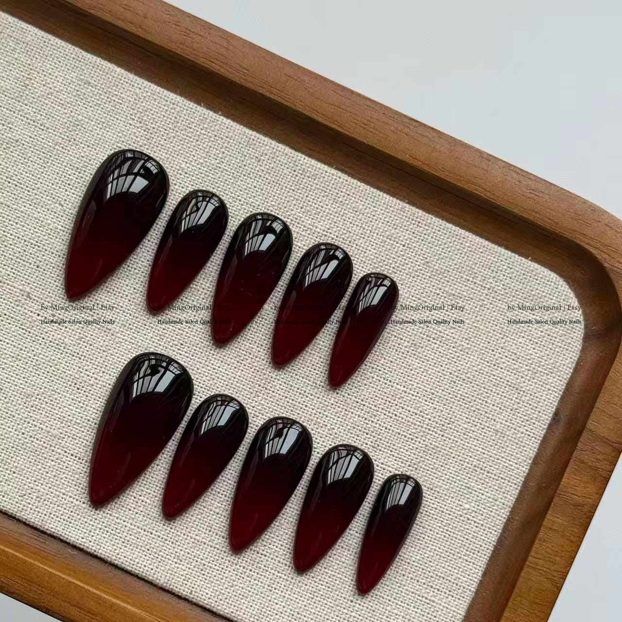 Black Burgundy Ombre Press On Nails, Dark Vampire Red Gradient Nails, Glossy Gothic Luxury Fake Nails, MO808