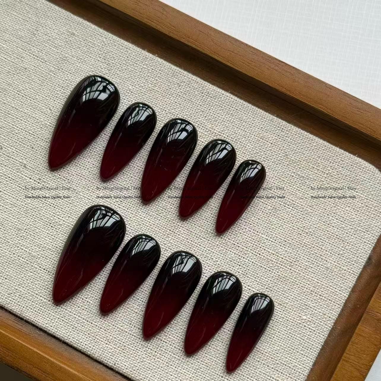 Black Burgundy Ombre Press On Nails, Dark Vampire Red Gradient Nails, Glossy Gothic Luxury Fake Nails, MO808