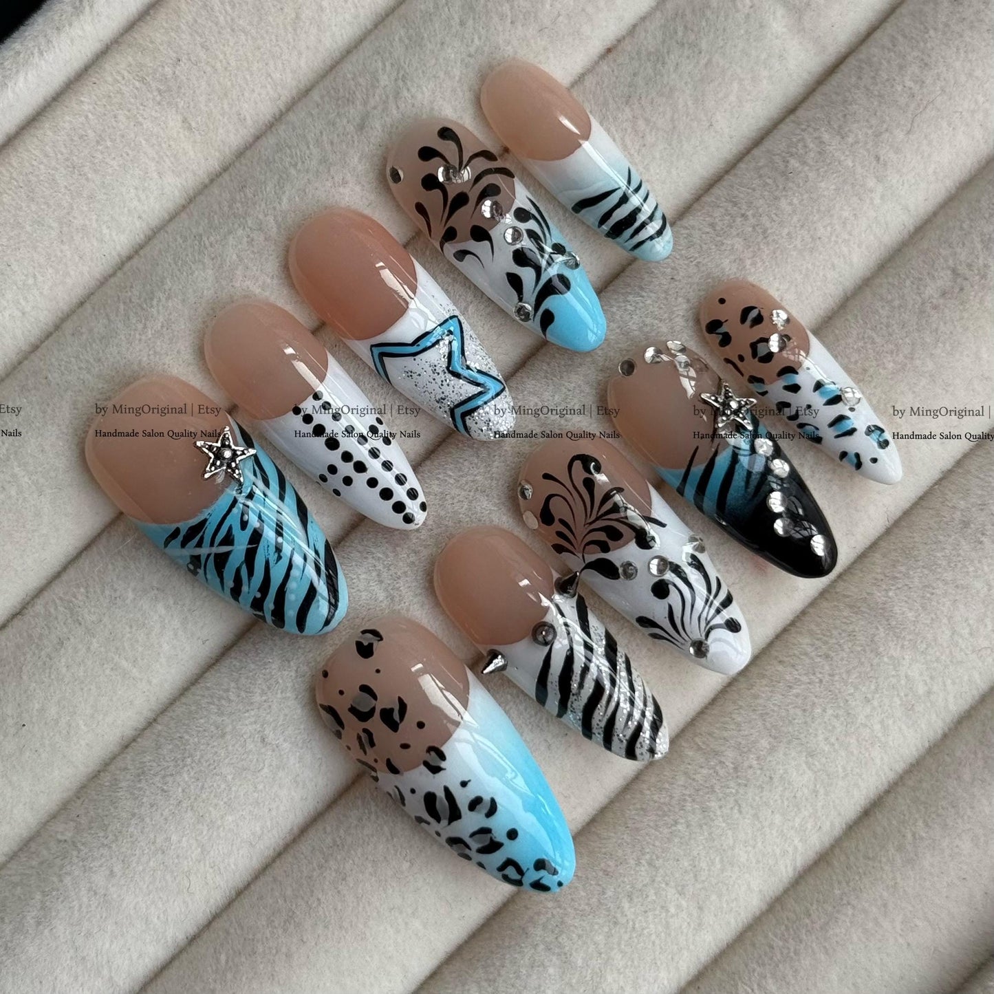 Y2K Cyberpunk Press On Nails, Blue Animal Print Fake Nails, Star and Rhinestone Nails, Zebra Leopard Pattern Cool Girl Aesthetic, MO843