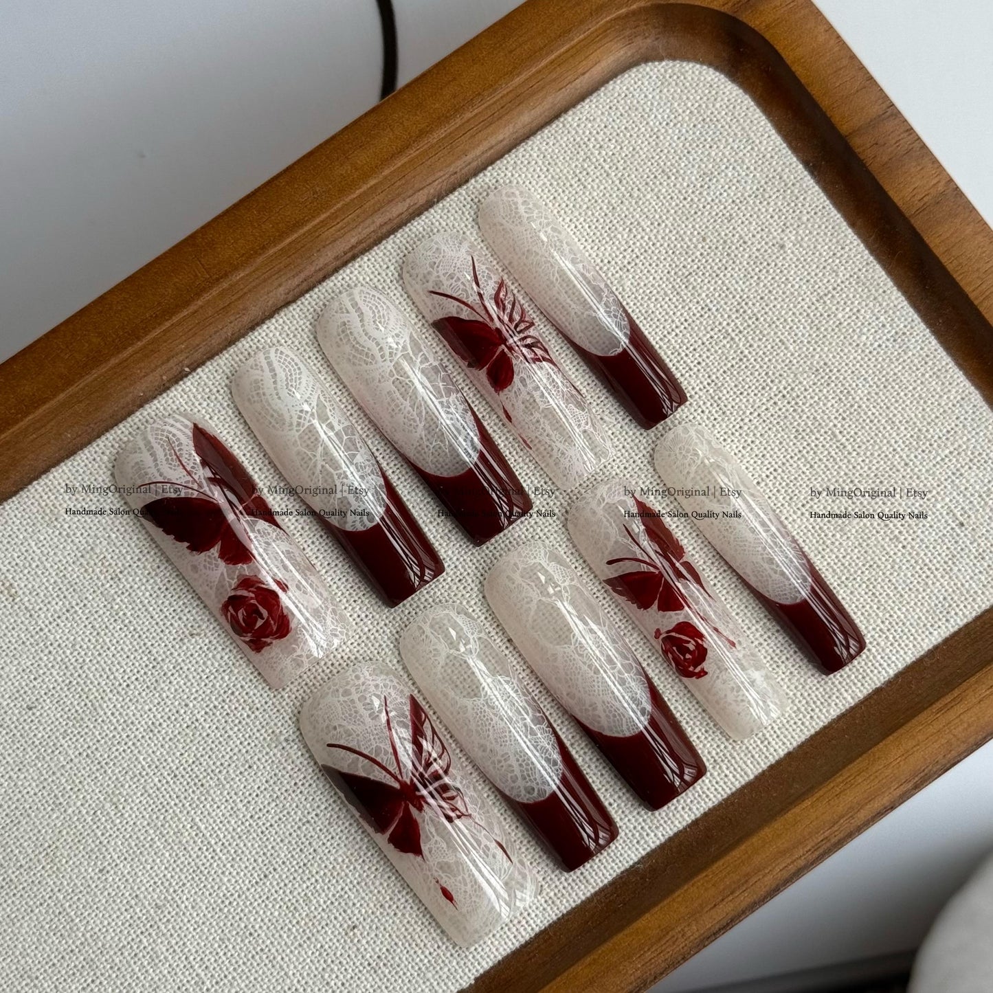 Handmade Dark Red Butterfly Press On Nails, White Lace Pattern Fake Nails, Gothic Rose Handpainted Nails, Luxury Wedding False Nails,MO844