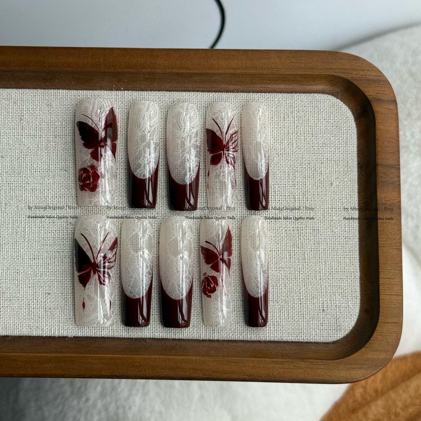 Handmade Dark Red Butterfly Press On Nails, White Lace Pattern Fake Nails, Gothic Rose Handpainted Nails, Luxury Wedding False Nails,MO844