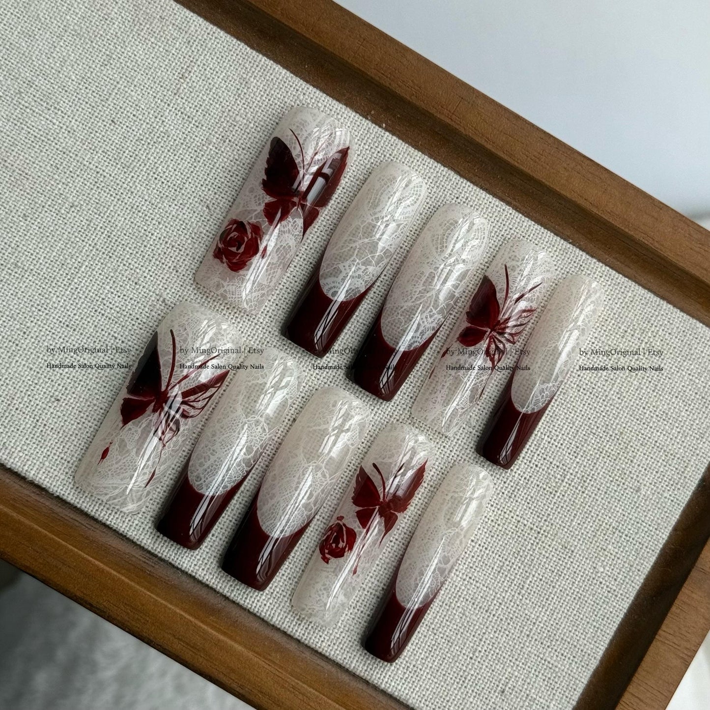 Handmade Dark Red Butterfly Press On Nails, White Lace Pattern Fake Nails, Gothic Rose Handpainted Nails, Luxury Wedding False Nails,MO844