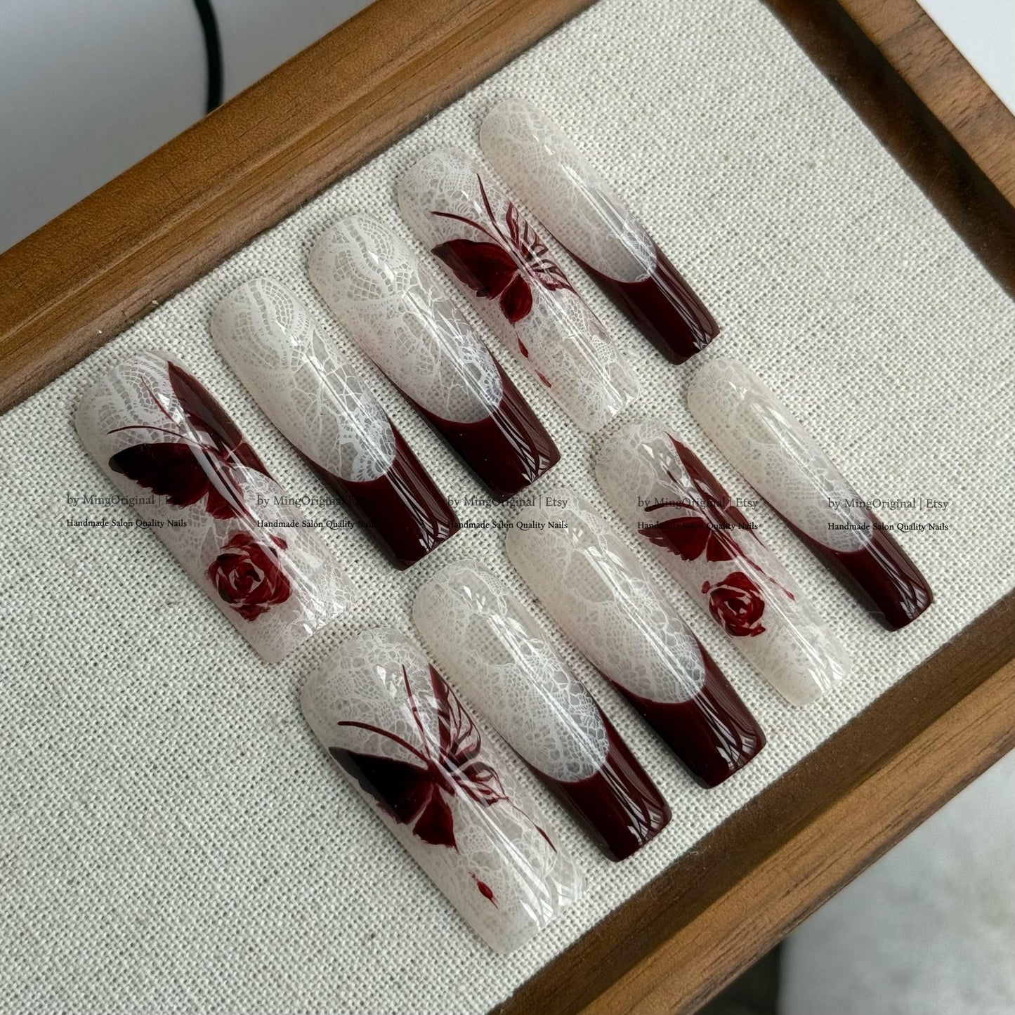 Handmade Dark Red Butterfly Press On Nails, White Lace Pattern Fake Nails, Gothic Rose Handpainted Nails, Luxury Wedding False Nails,MO844