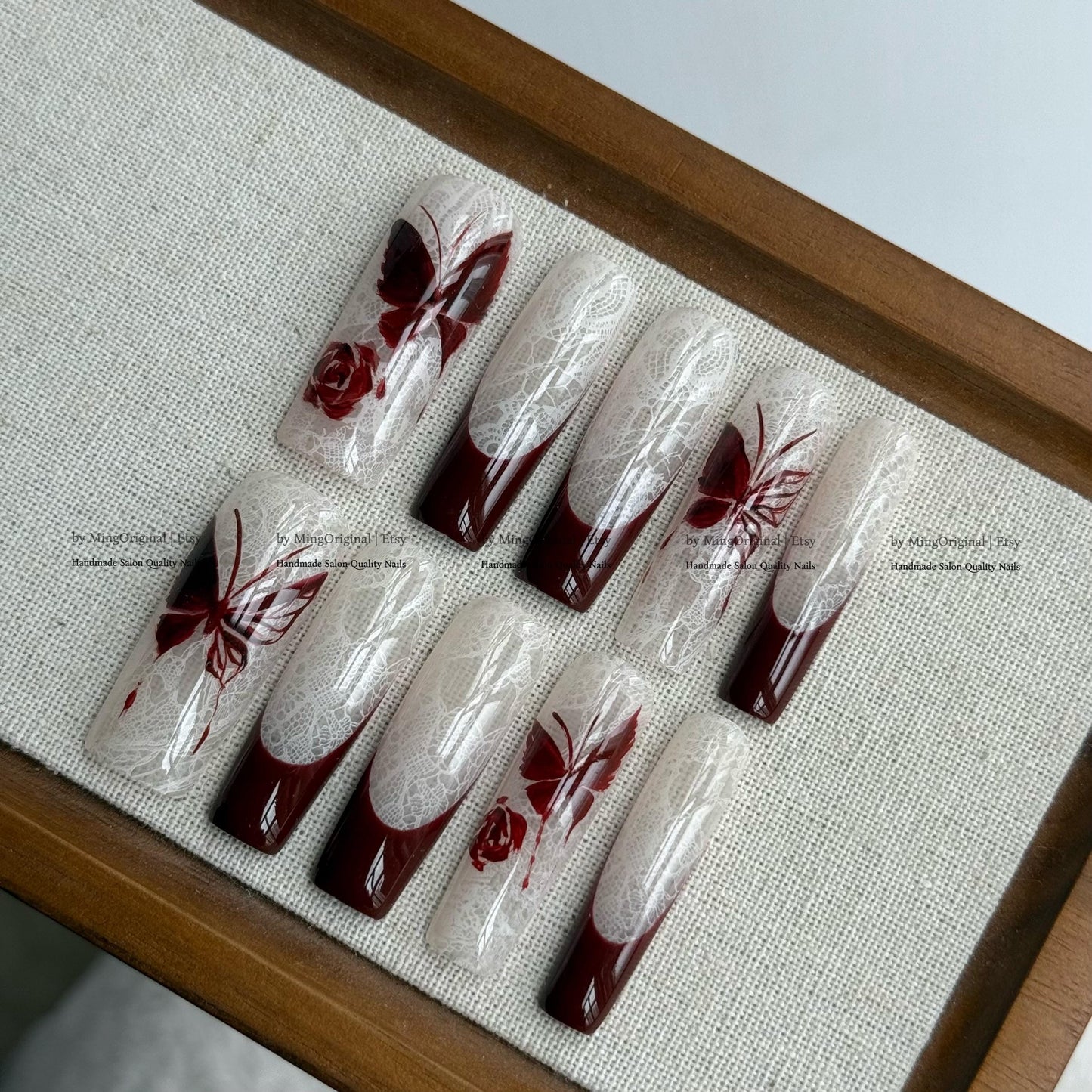 Handmade Dark Red Butterfly Press On Nails, White Lace Pattern Fake Nails, Gothic Rose Handpainted Nails, Luxury Wedding False Nails,MO844