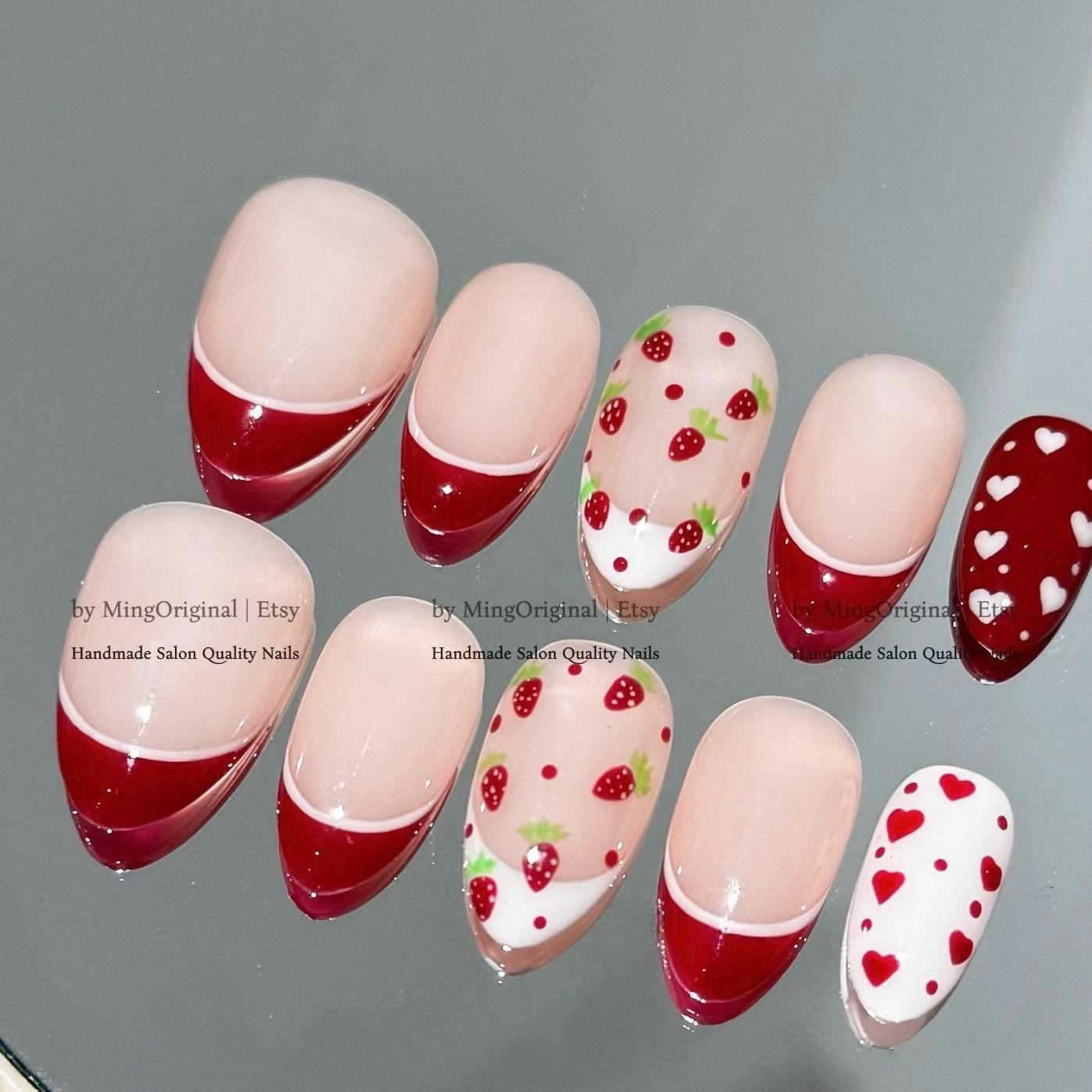 Valentine bow coquette French Tip Nail , handpainted glitter heart press on nails, Gifts for Her
